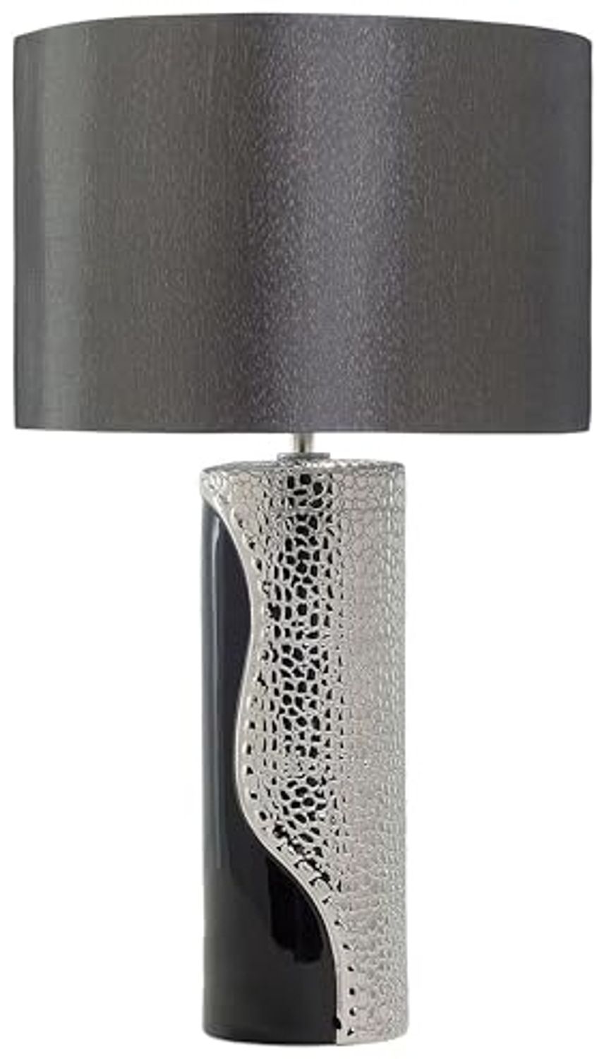 'Aiken' Tischlampe Schwarz und Silber Porzellanfuß Stoffschirm Schwarz Kabel mit Schalter Moderner Minimalistischer Glamouröser Stil Bild 1