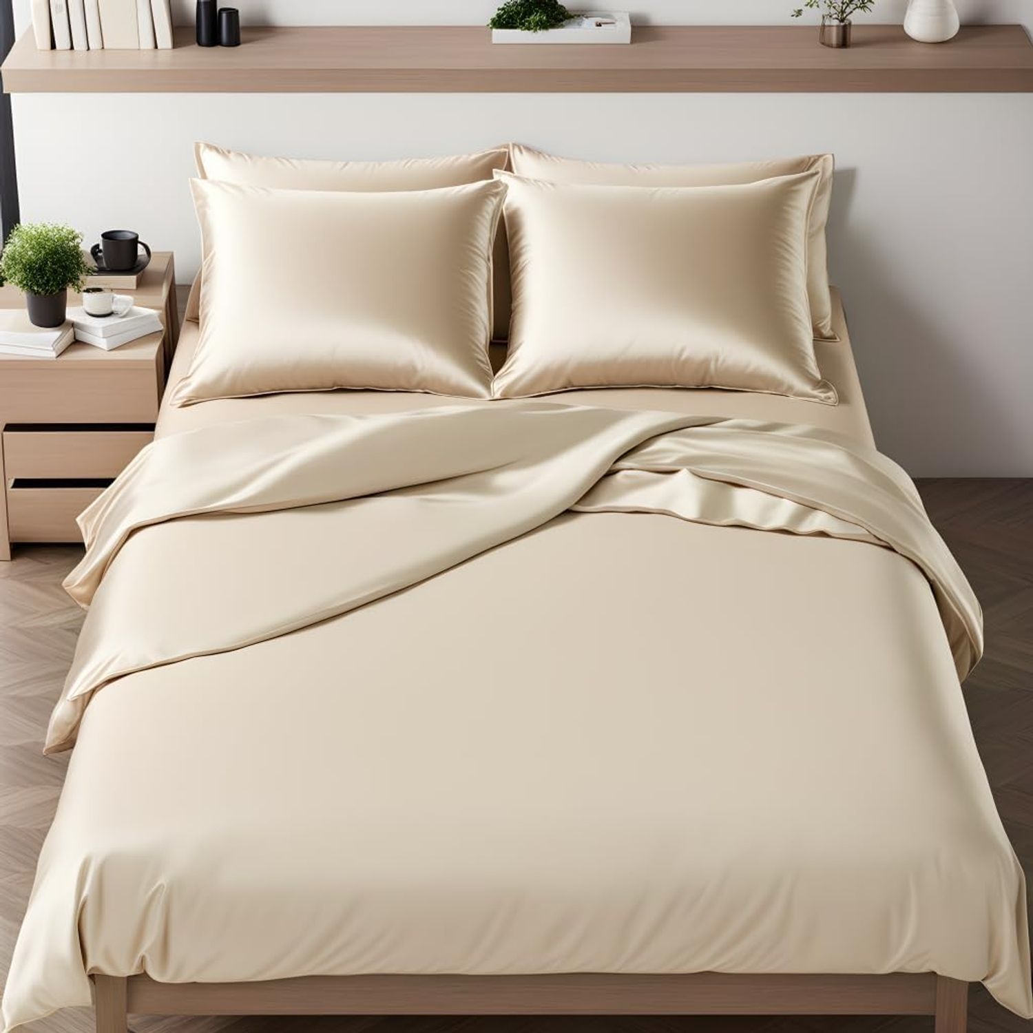 Cozyor Wendebettwäsche, glänzend matt, Satin & Mikrofaser, Beige, 155x220 cm + 2x Kissenbezug 80x80 cm Bild 1