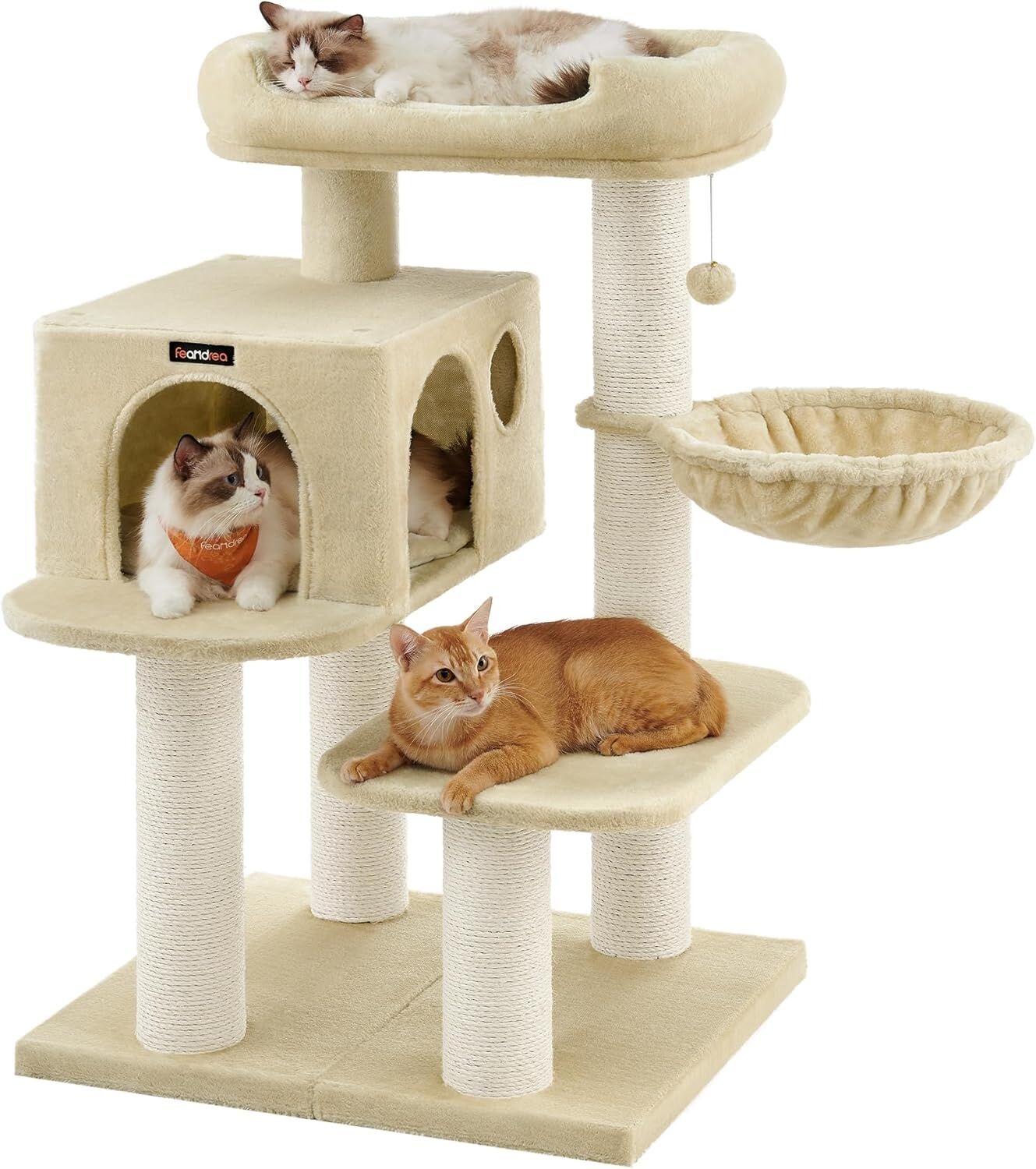 Feandrea Kratzbaum mit XXL Aussichtsplattform, Liegemulde, große Kuschelhöhle, verstellbare Elemente, extra dicke Stämme komplett mit Sisal umwickelt, Katzenbaum, stabil, beige, von Songmics, PCT01M Bild 1