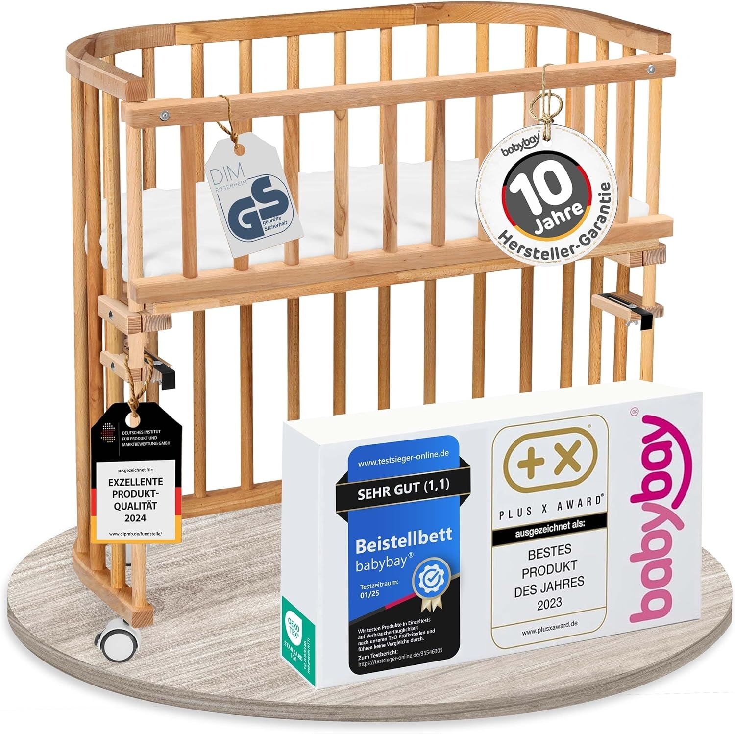 babybay Original Beistellbett aus massivem Buchenholz/kompakt & verwandelbar/Kinderbett Höhe stufenlos verstellbar/mitwachsendes Babybett (Kernbuche geölt) / inkl. Matratze, Gitter, Rollen Bild 1