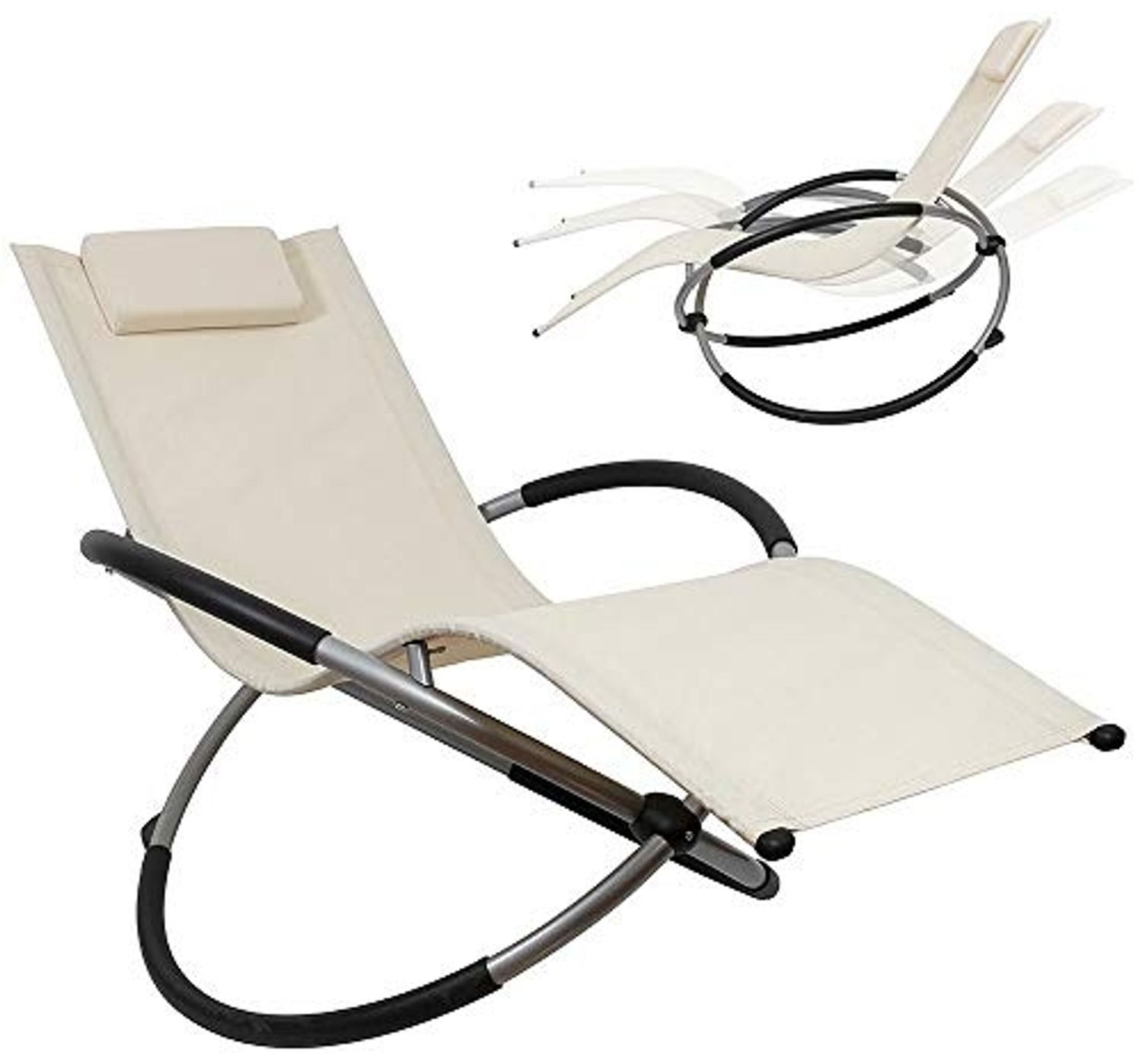 Mucola Relaxliege XXL Beige klappbar bis 200 kg belastbar – Sonnenliege 160x80x90cm Schwungfunktion mit Kopfkissen | Gartenliege atmungsaktives Textilgewebe, Stahlgestell, für Garten und Balkon Bild 1