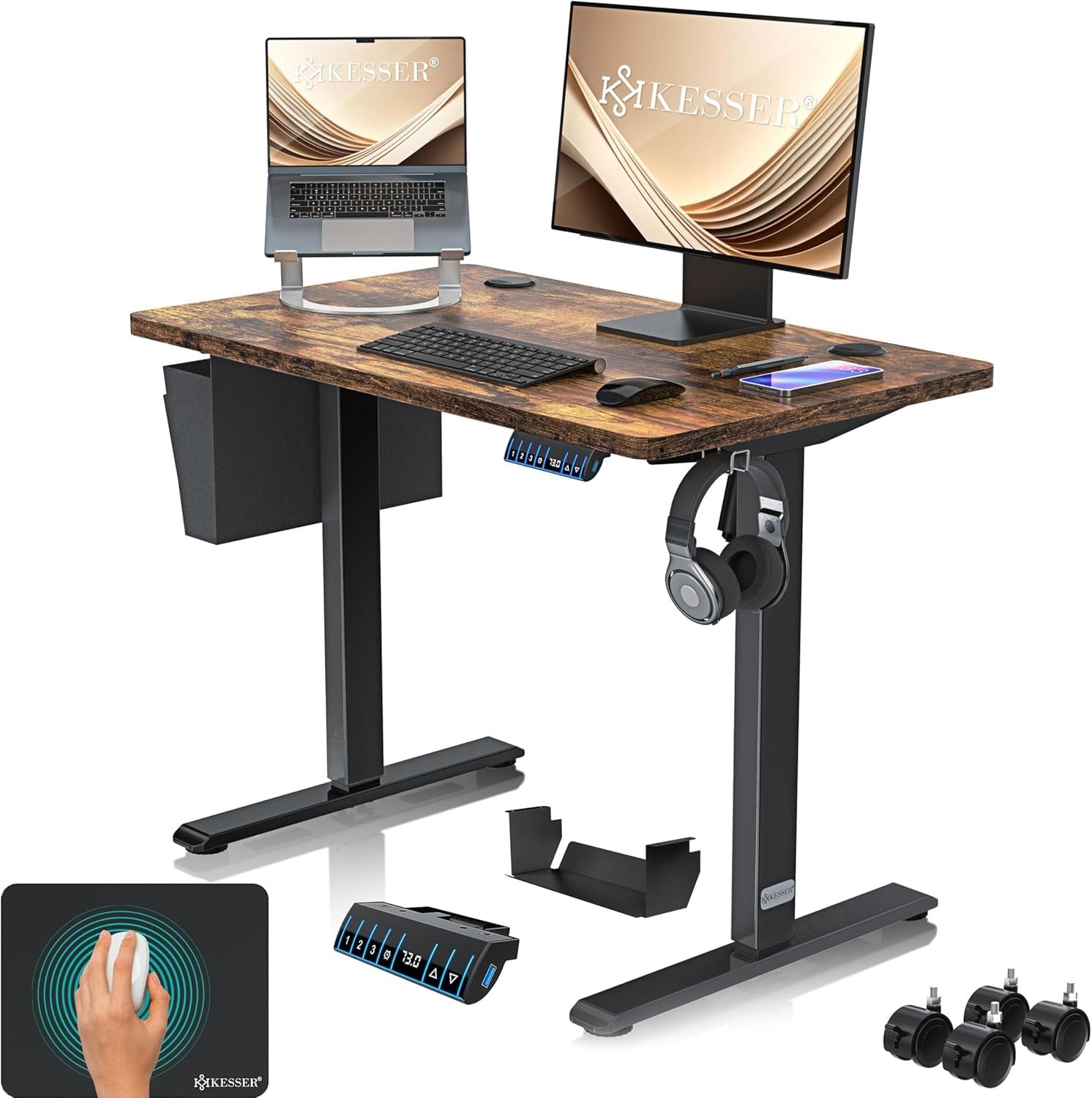 KESSER® Höhenverstellbarer Schreibtisch elektrisch | Ergonomisch Steh-Sitz Schreibtisch | 3-Funktions-Memory Steuerung | Inkl. 360° Rollen & USB-Ladeanschluss | Computertisch für Homeoffice Braun, 100 x 60 cm Bild 1