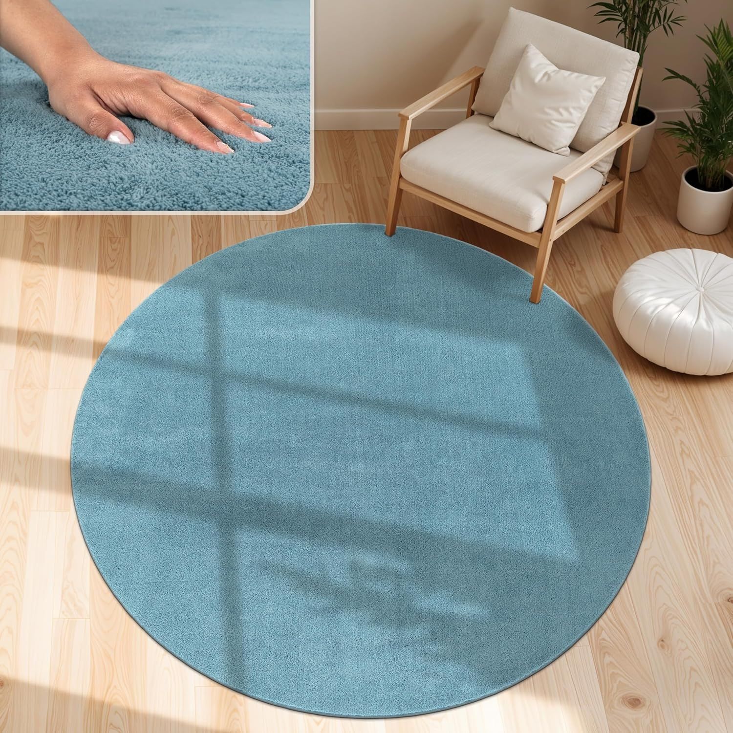 Paco Home Waschbarer Teppich Wohnzimmer Schlafzimmer Kurzflor rutschfest Flauschig Weich Moderne Einfarbige Muster, Grösse:200 cm Rund, Farbe:Türkis Bild 1