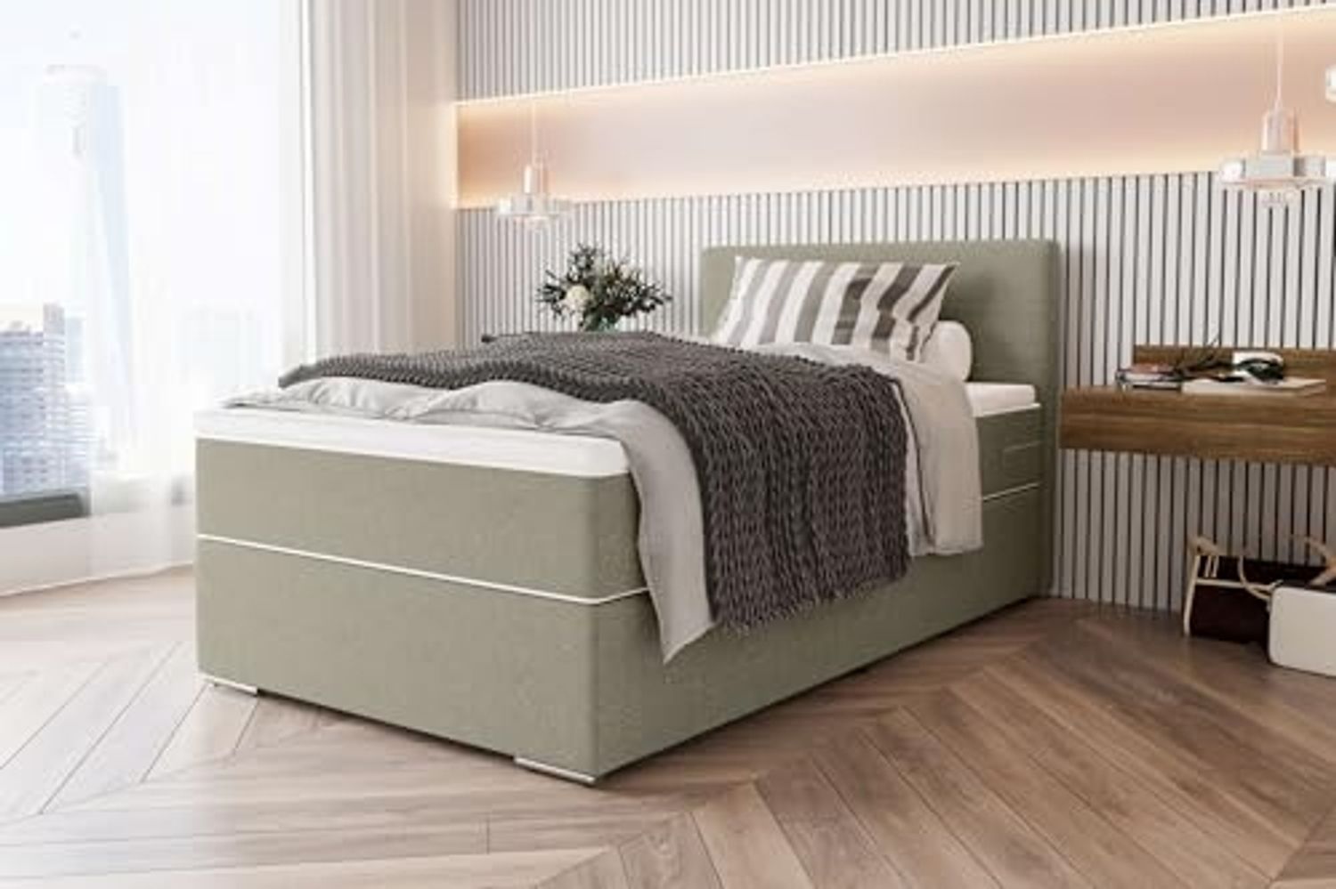 99rooms 'Phönix' Boxspringbett, Beige, 120x200 cm, Webstoff MALMO_NEW Bild 1