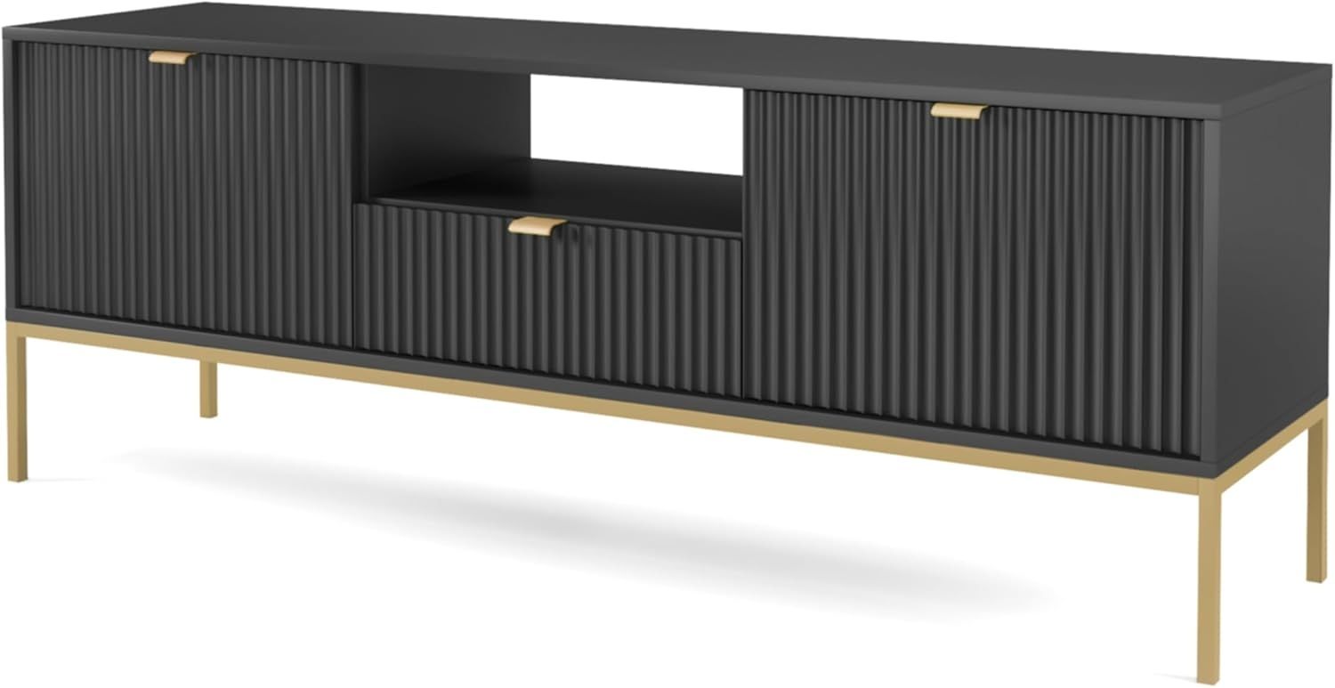 Selsey Vellore TV-Element Fernsehschrank - Schwarz mit geriffelten Fronten und goldenen Metallbeinen, 154 cm Bild 1