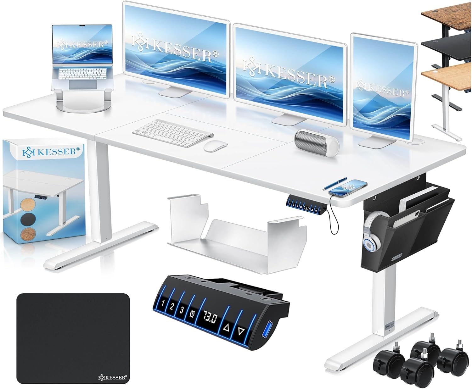 KESSER® Höhenverstellbarer Schreibtisch elektrisch | Ergonomisch Steh-Sitz Schreibtisch | 3-Funktions-Memory Steuerung | Inkl. 360° Rollen & USB-Ladeanschluss | Computertisch für Homeoffice Weiß, 160 x 70 cm Bild 1