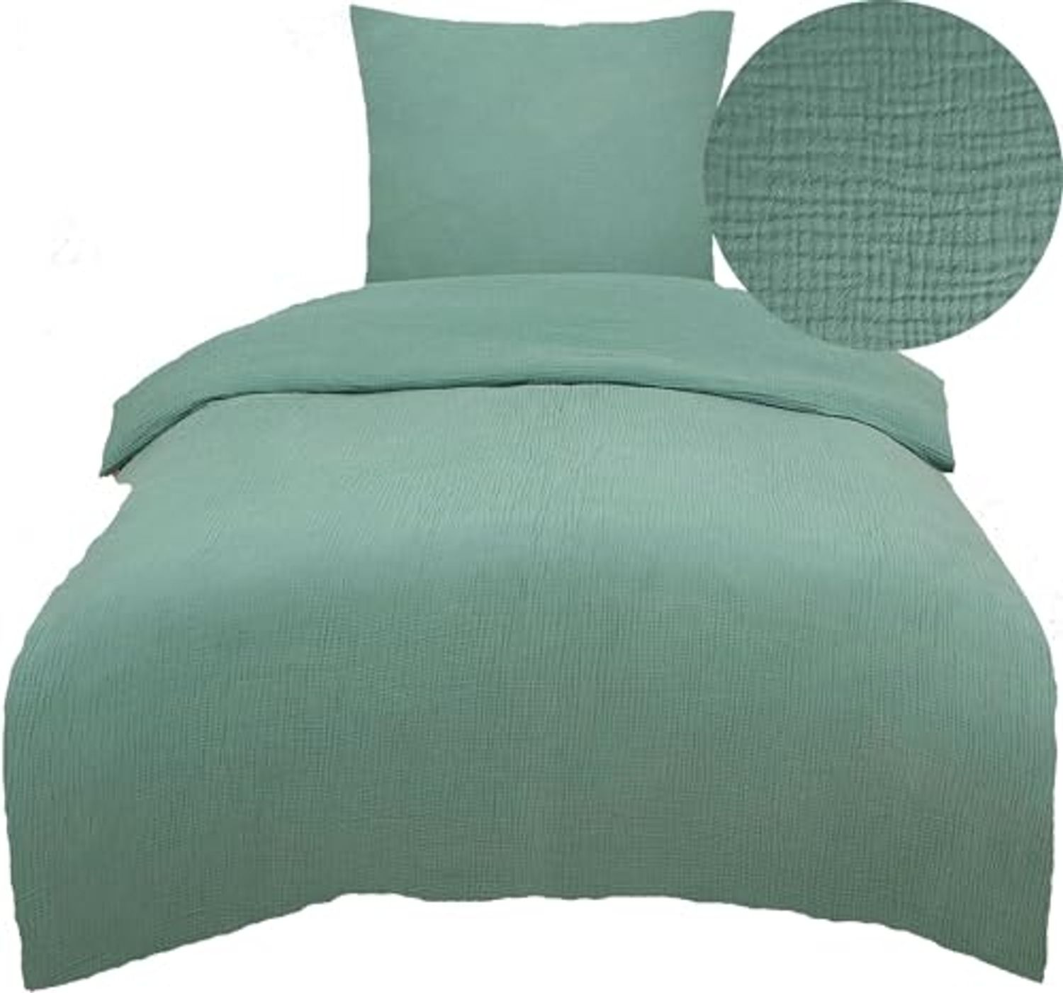 KH-Haushaltshandel Bettwäsche 4-tlg. Musselin Bettwäsche 2x (135x200 + 80x80 cm), bügelfrei, Musselin, 4 teilig, uni/einfarbig, jade-grün, 100% Baumwolle, bügelfrei Bild 1