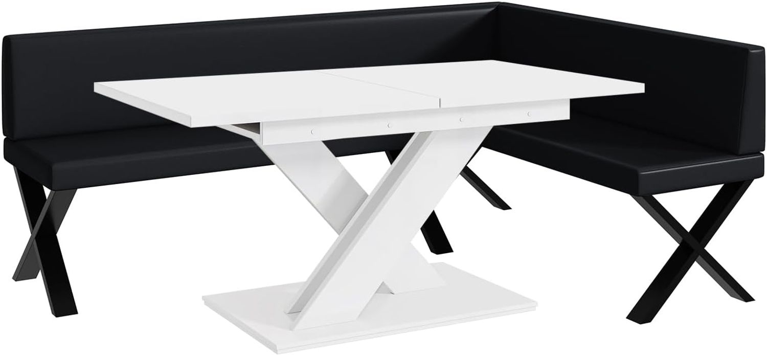 MEBLINI Eckbank für Esszimmer mit ausziehbarem Tisch - Küchenbank - Essecke - Sitzecke Küche - TONI - X-Beine 142x196x87cm Rechts - Schwarz Kunstleder/B Weiß Matt Bild 1