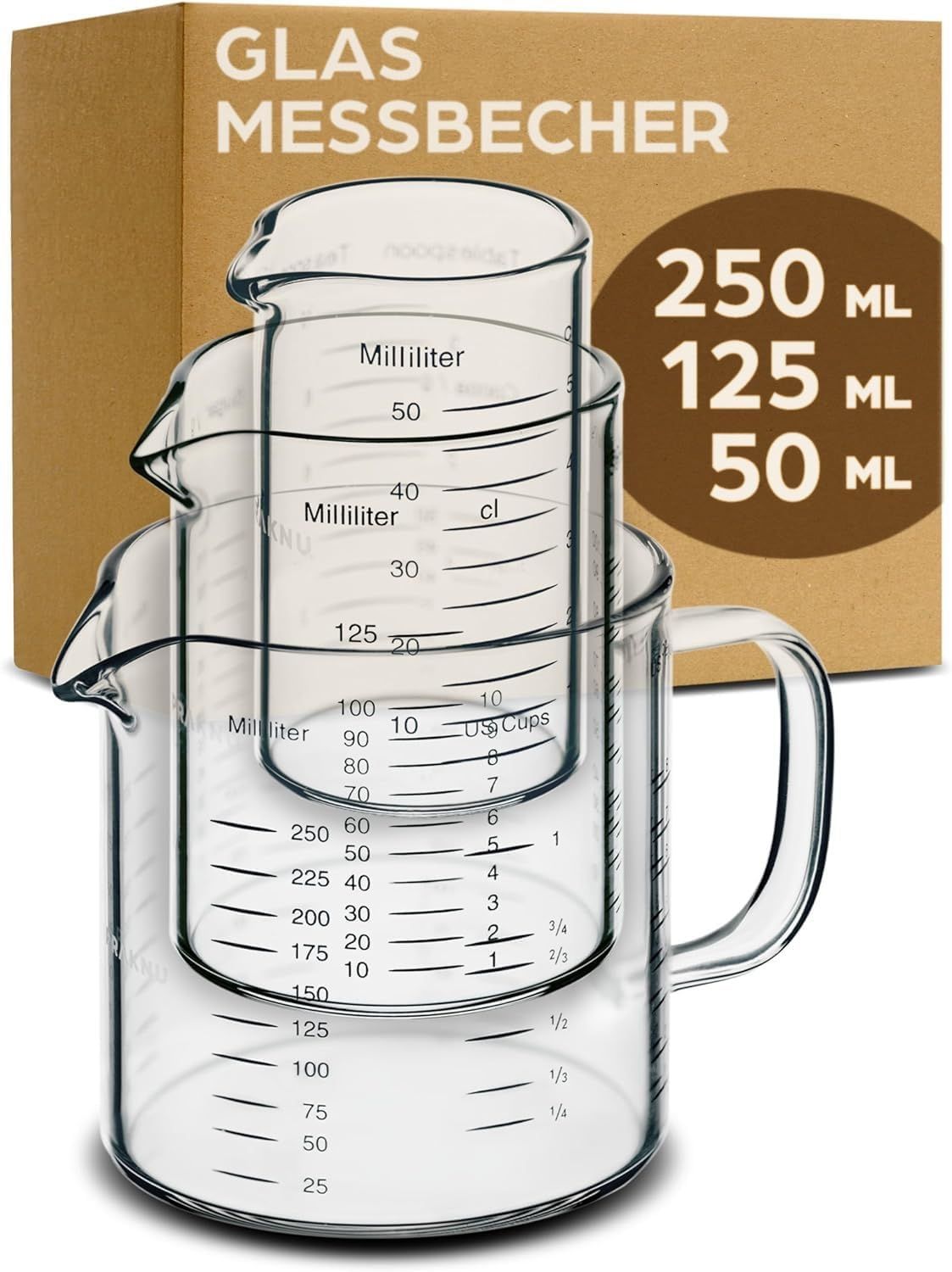 Praknu Messbecher Glas Messbecher mit Ausguss - 50ml, 125ml, 250ml - Präzise Skala, Borosilikatglas, (Set) Bild 1