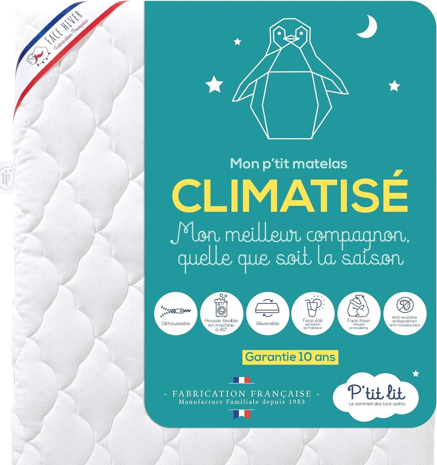 P'tit Lit - Klimatisiert Babymatratze | 70x140 cm | 1 Sommerseite / 1 Winterseite | Anti-Milbe | Abnehmbar | OekoTex Bild 1