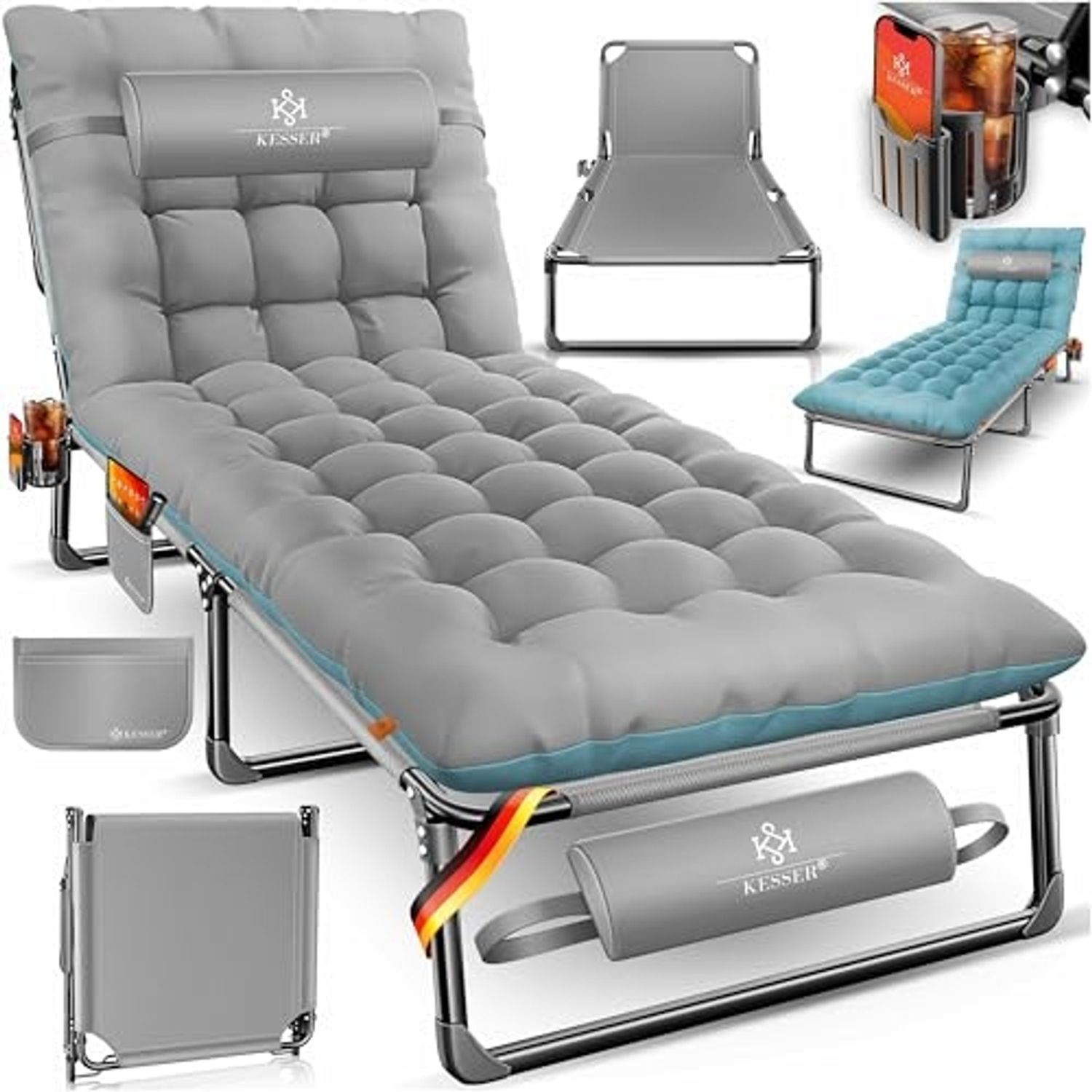 KESSER Campingbett klappbar mit Tragetasche, Nackenkissen, Vakuumtasche & Getränkehalter, Oxford-Gewebe grau / blau, 68 x 190 x 30 cm Bild 1
