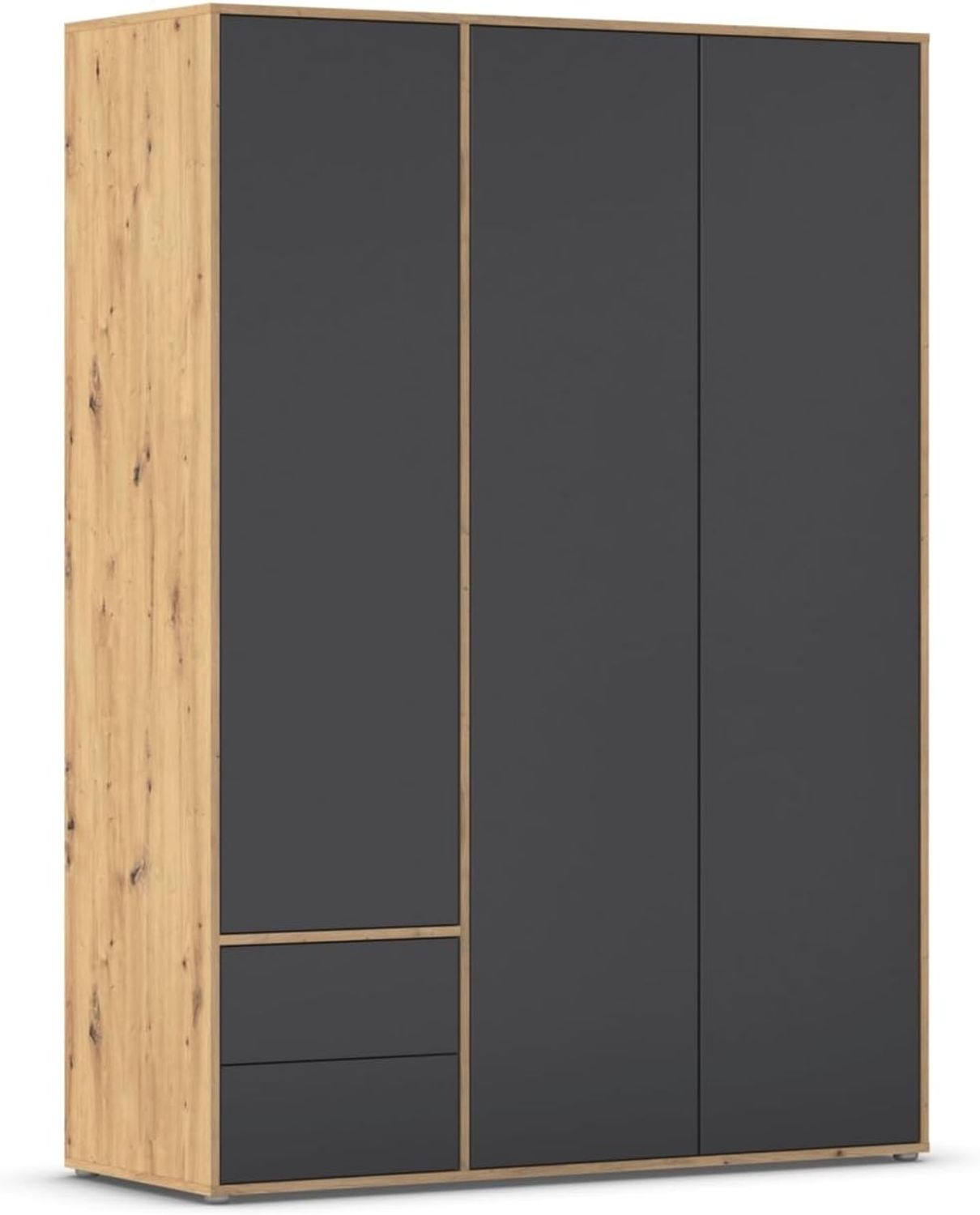 Rauch Möbel Nabila, Drehtürenschrank, Kleiderschrank, Kleiderschränke, Garderobe, 3-türig, 2 Schubladen, Push-to-Open, Farbe Grau metallic/Eiche Artisan, Schwarz, Holz, 140 x 194 x 53 cm Bild 1