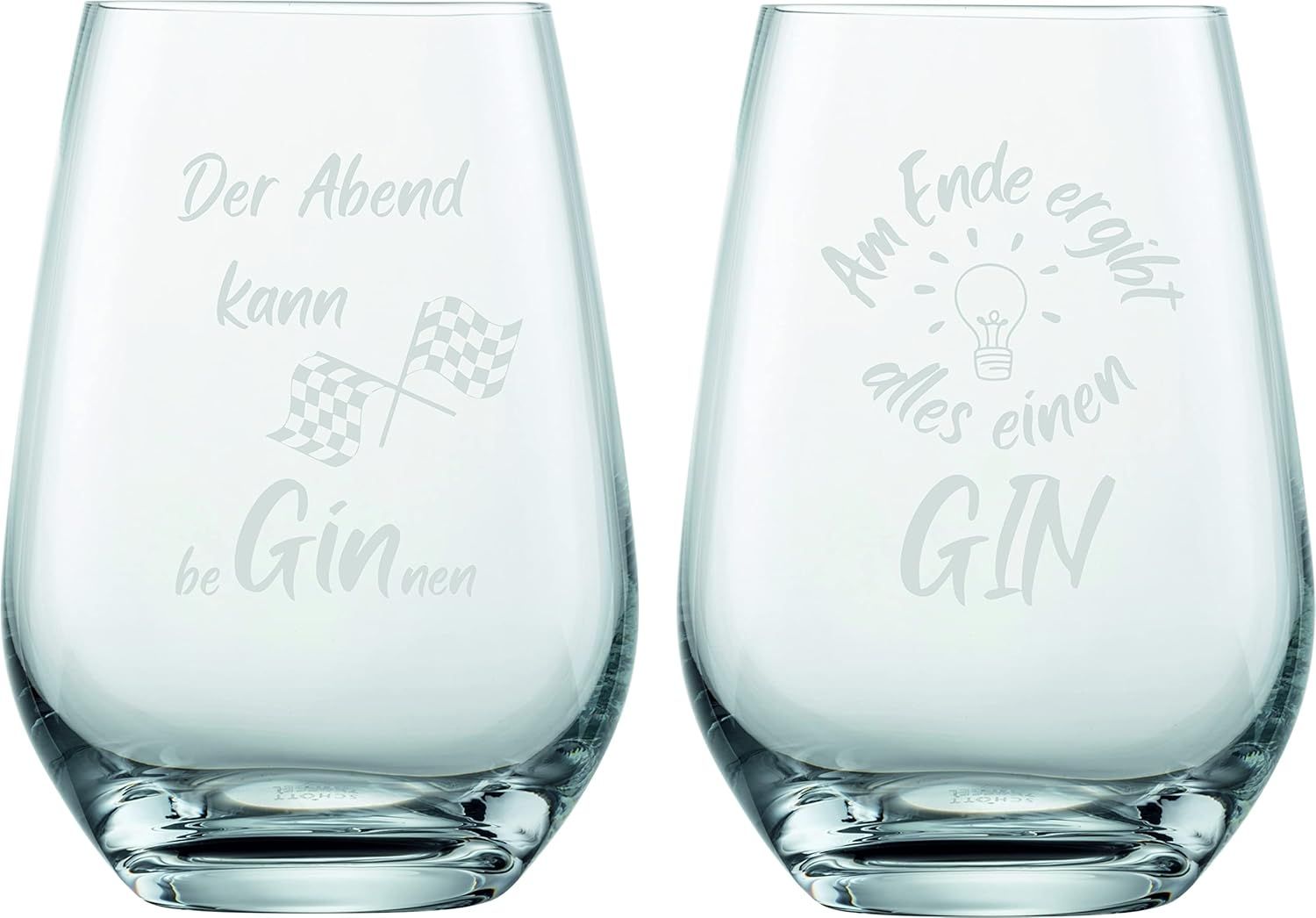 Schott Zwiesel 2er Set Ginglas 548ml mit Gravur Der Abend kann beGINnen & Am Ende ergibt alles einen Gin – lustige Geschenkidee für Ginliebhaber (ohne Stiel, Set 1) Bild 1