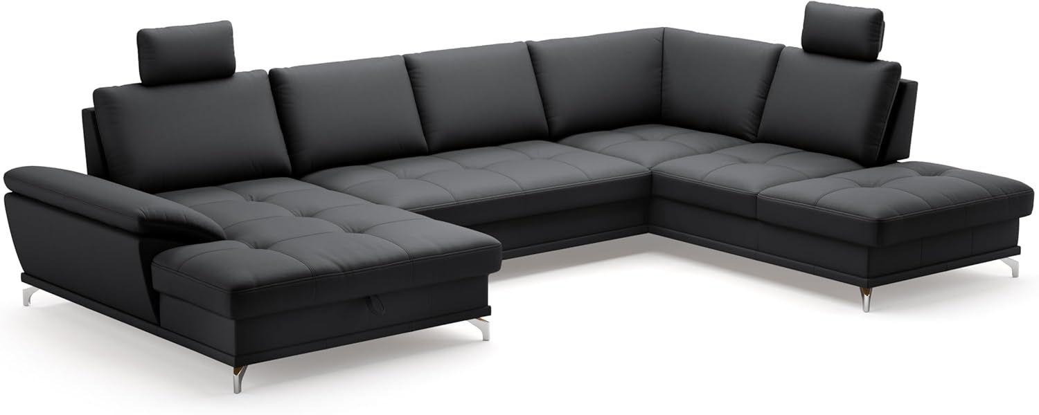 Cavadore Wohnlandschaft Castiel mit Federkern / Sofalandschaft mit XL-Longchair, Sitztiefenverstellung, Kopfstützen und satinierten Metallfüßen / 363x89-104x223 / Echtleder, Schwarz Bild 1