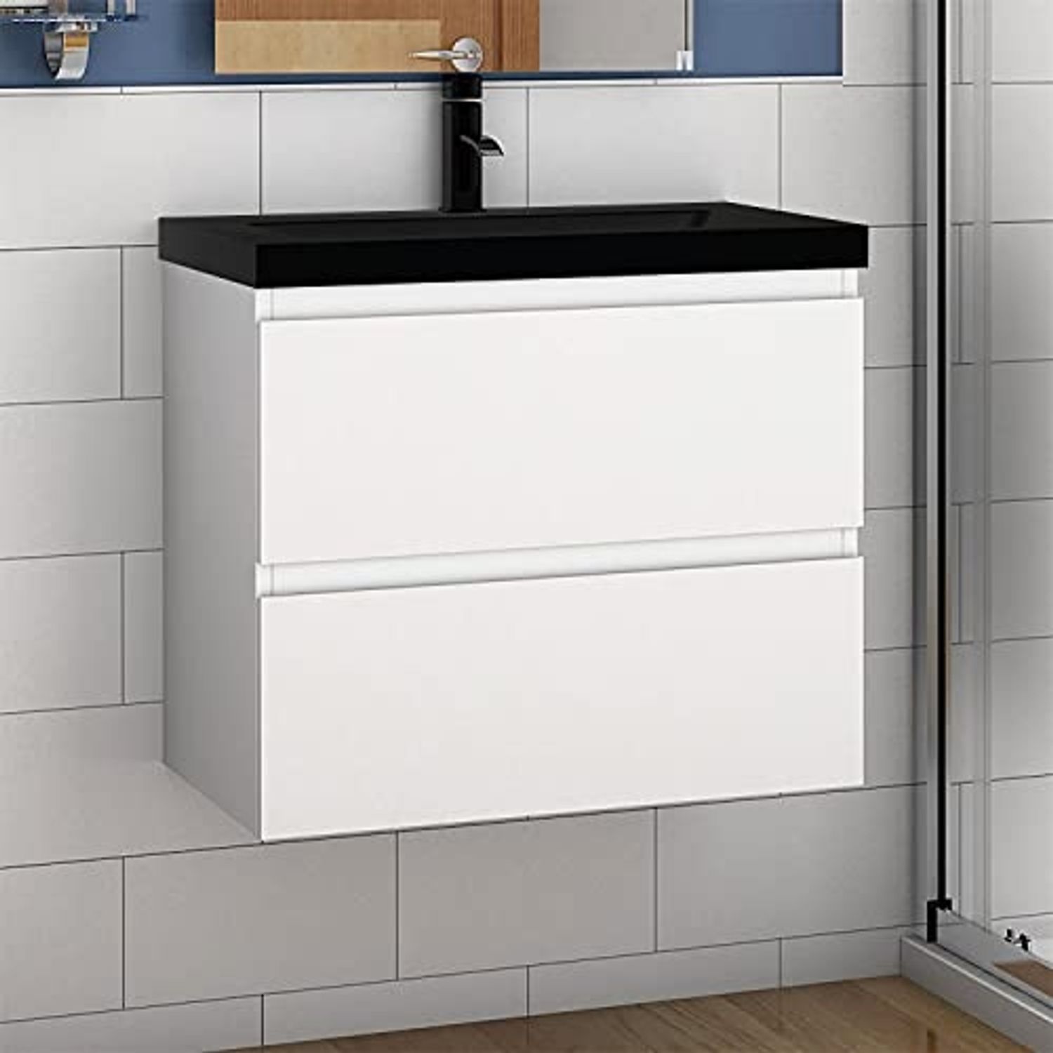 Waschtisch mit Unterschrank 60 cm Badmöbel Set mit Waschbecken Schwarz Gäste WC Weiß Matt Bild 1