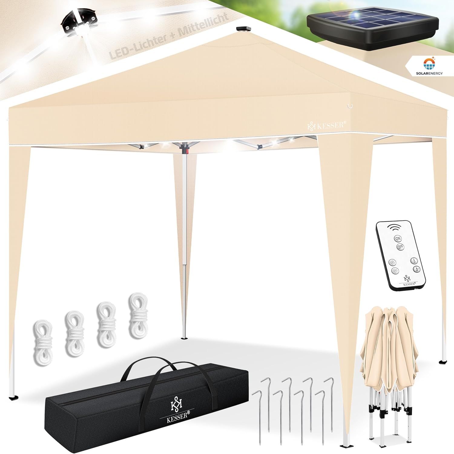 KESSER® Faltpavillon mit Tasche und Beleuchtung, wasserdicht und UV-Schutz 50+, Metall / Polyester beige, 300x300 cm Bild 1
