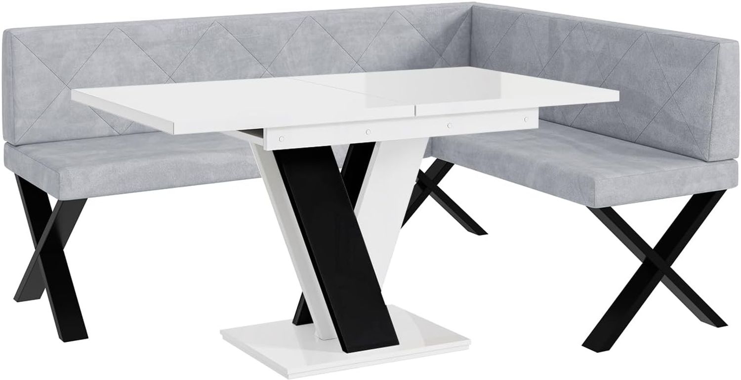 MEBLINI Eckbank für Esszimmer mit ausziehbarem Tisch - Küchenbank - Essecke - Sitzecke Küche - ERIC - X-Beine 128x168x87cm Rechts - Hellgrau Samt/M Weiß-Schwarz Hochgl. Bild 1