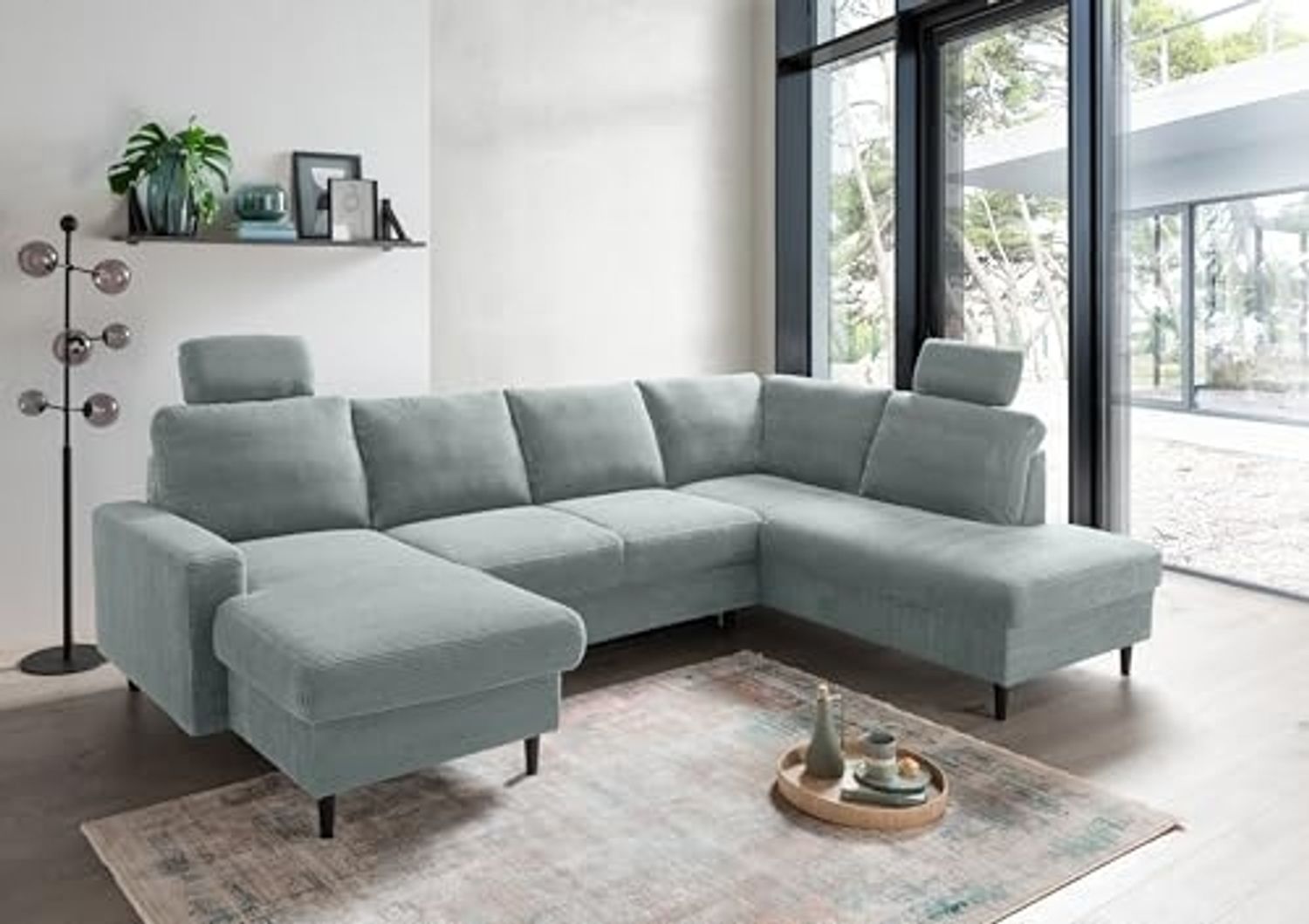 Wohnlandschaft >Pris< U-Form, Funktionen, cord aqua - 153x305x75x200 (LxBxHxT) Bild 1