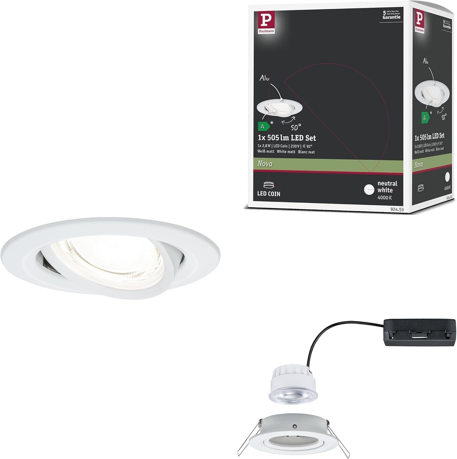 LED Einbauleuchte Nova Coin Einzelleuchte rund 84mm 50° 2,8W 505lm 230V 4000K Weiß matt Bild 1