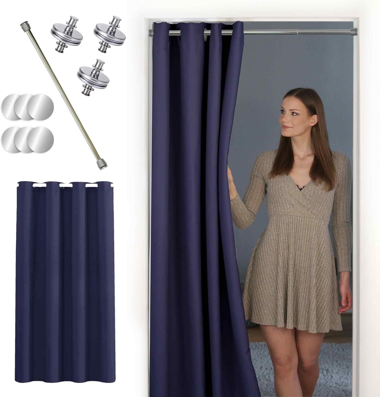tinycurtains Türvorhang mit Stange silber 55-90 cm ohne Bohren, Thermo Vorhang Tür, Ösen, abdunkelnd, Polyester, blickdicht, dunkelblau Ocean, Türgardine mit Klemmstange, verdunkelnd Bild 1
