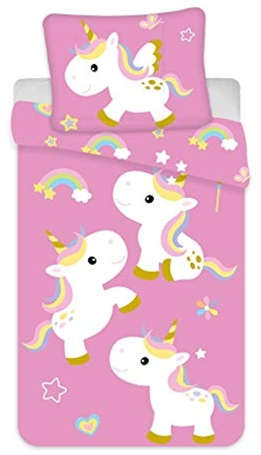 Baby Bettwäsche Einhorn-Motiv Bettbezug 100x135 cm + Kopfkissenbezug 40x60 cm - Kinderbettwäsche mit Einhorn-motiv Bild 1