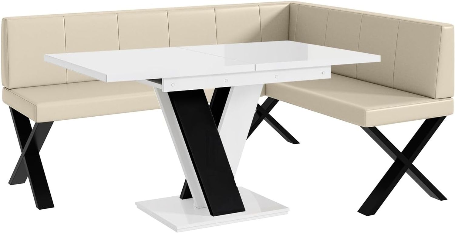 MEBLINI Eckbank für Esszimmer mit ausziehbarem Tisch - Küchenbank - Essecke - Sitzecke Küche - PETER - X-Beine 128x168x87cm Rechts - Creme Kunstleder/M Weiß-Schwarz Hochgl. Bild 1