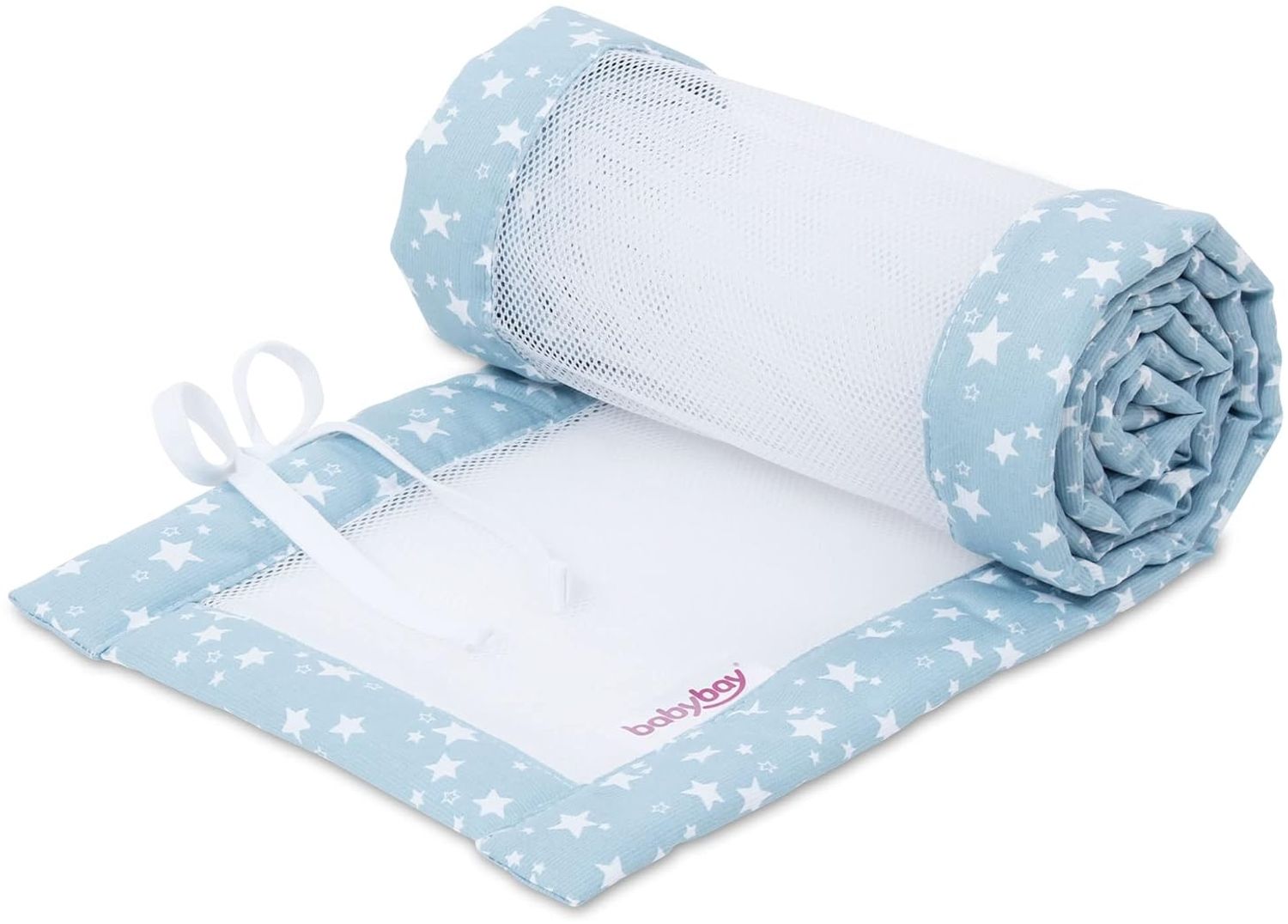babybay Nestchen Mesh-Piqué/Bettumrandung für Beistellbett/Stoßschutz für Baby Bett, passend für Modell Boxspring XXL, azurblau Sterne weiß Bild 1