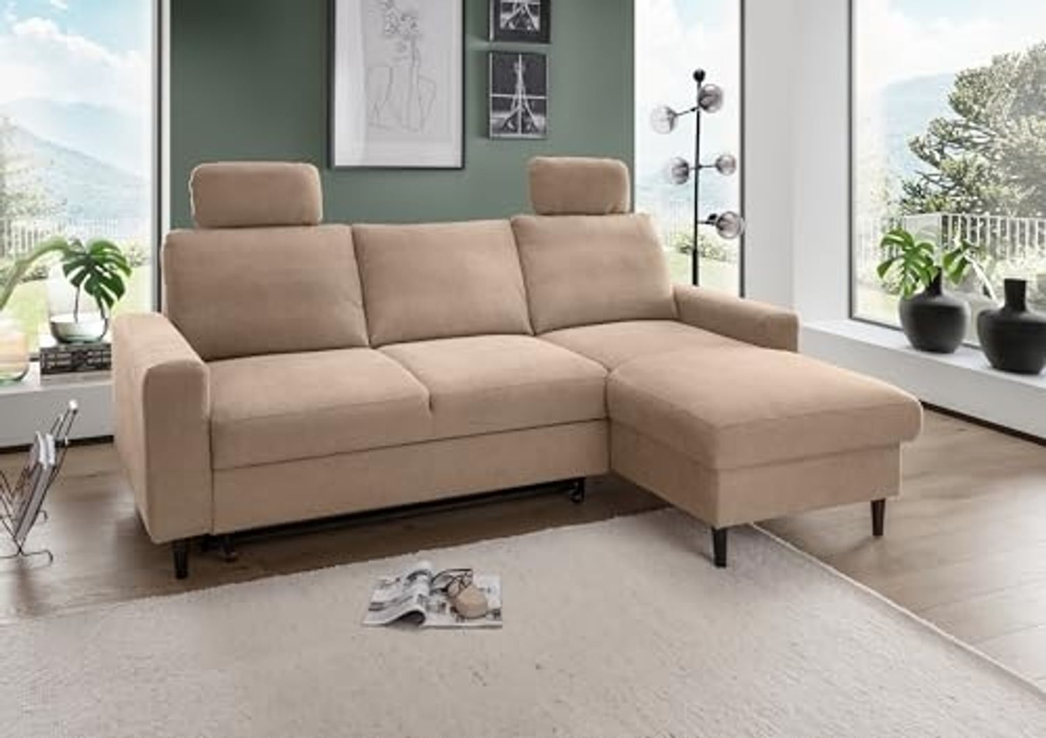 Ecksofa >Pris< Schlaffunktion, Stauraum, hellbraun - 234x88x147 (BxHxT) Bild 1