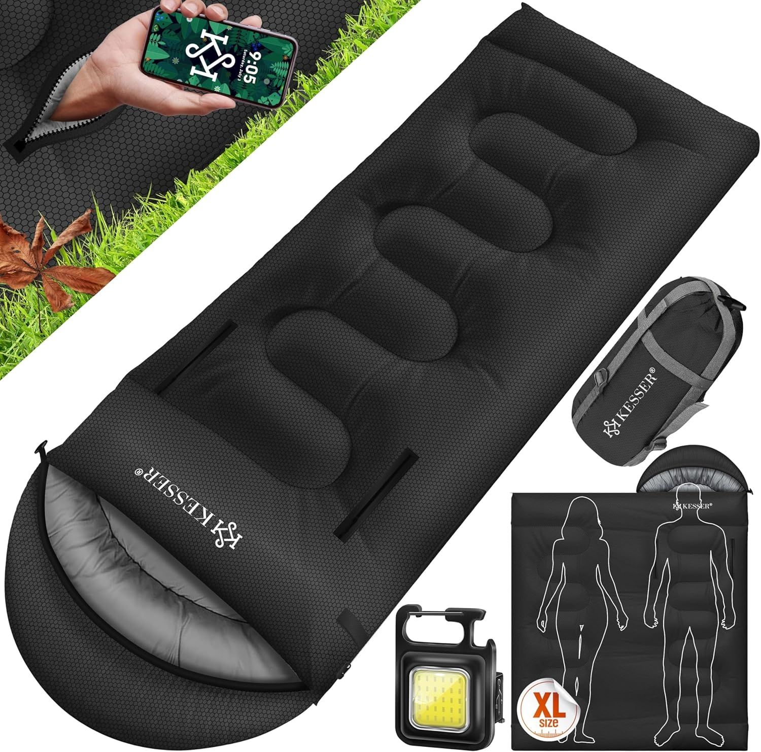 KESSER® Schlafsack Outdoor | Deckenschlafsack 3-4 Jahreszeiten | Camping-Sleeping-Bag für Erwachsene & Kinder | Leicht Tragbar Warm & Wasserabweisend inkl. Campinglampe & Seitentasche Schwarz, 220 x 83 cm Bild 1