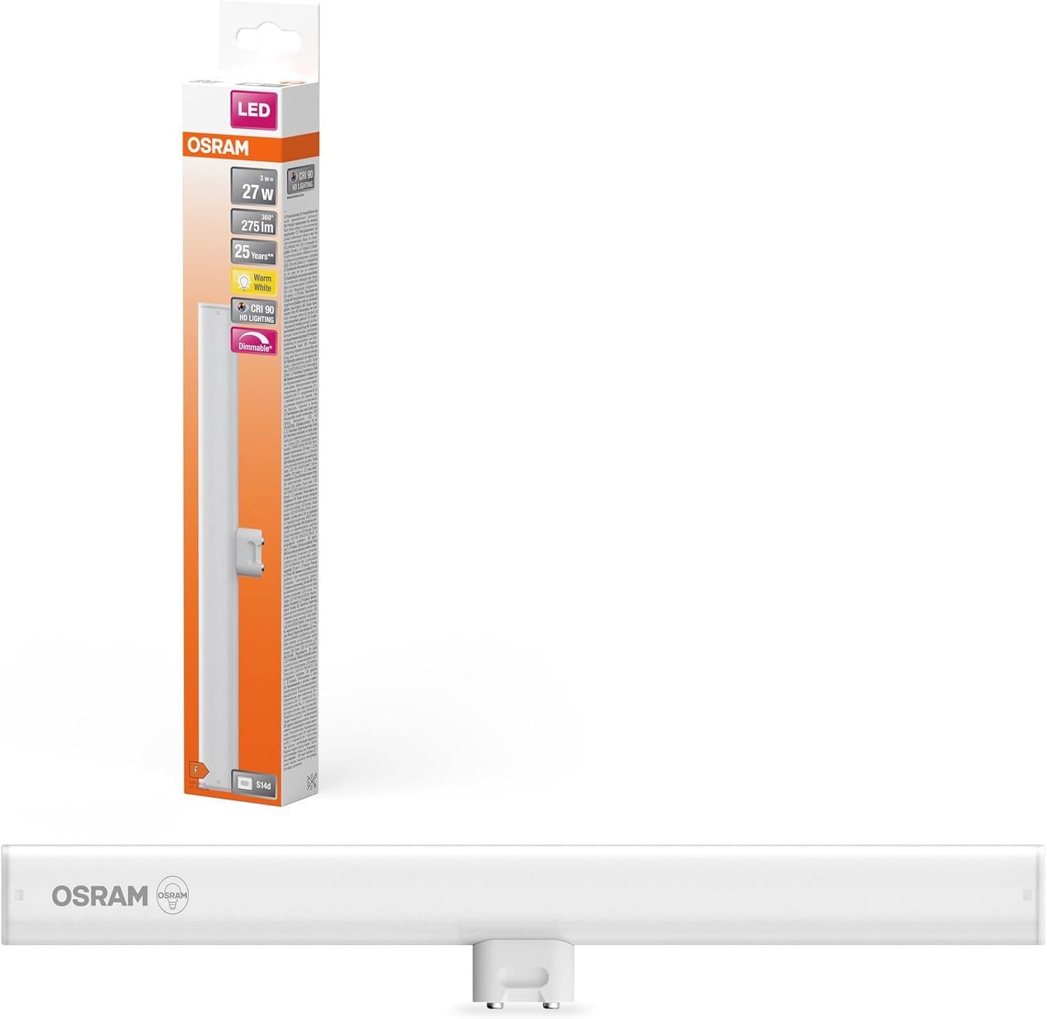 Osram LEDinestra stabförmige LED-Lampe aus gefrostetem Kunststoff, S14d Fassung, dimmbar, warmweißes Licht mit 2700 K, 30 cm lang, 3 W, 275 lm, ausgezeichnete Farbwiedergabe mit CRI 90, EEK F. Bild 1
