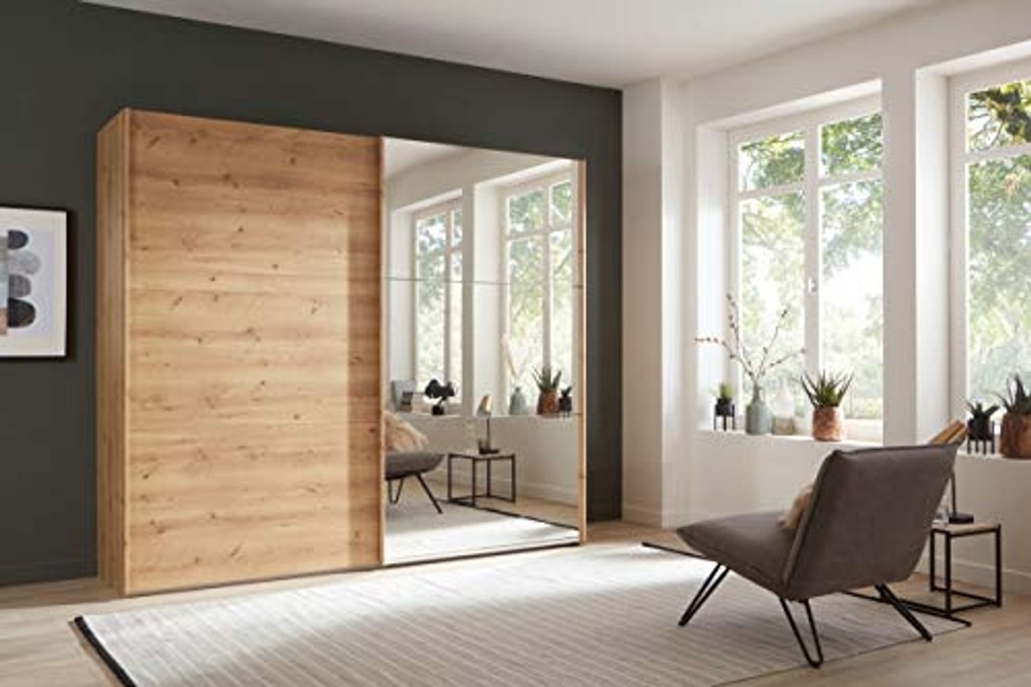 WIEMANN Korfu Kleiderschrank, Schwebetürenschrank, Schlafzimmerschrank, mit Schiebetüren, Breite 250 cm, mit Spiegel rechts, Holz, Bianco Eiche, B/H/T 250 x 217 x 67 cm Bild 1