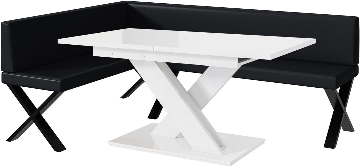MEBLINI Eckbank für Esszimmer mit ausziehbarem Tisch - Küchenbank - Essecke - Sitzecke Küche - TONI - X-Beine 142x196x87cm Links - Schwarz Kunstleder/B Weiß Hochgl. Bild 1