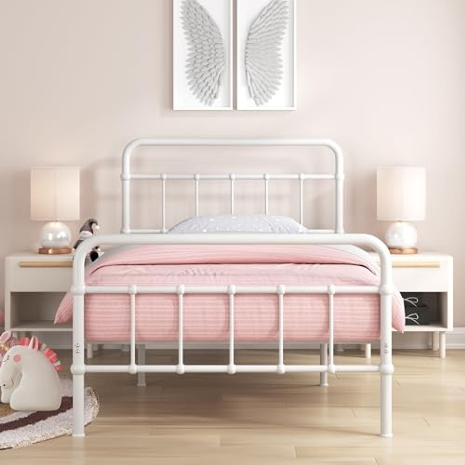 Zinus Florenz 90x190 cm – 30 cm hoch – Einzelbett – Plattform Bettgestell aus Metall mit Kopf- und Fußteil – Weiß Bild 1