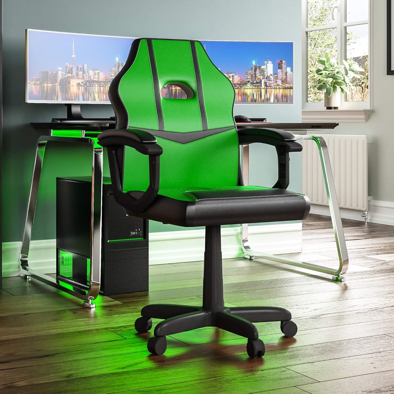 Vida Designs-Lehrstuhl für Comet-Rennspiel-Computer, Verstellbarer, schwenkbarer Bürodrehstuhl aus PU-KunstlederGrün Schwarz, 101.0 x 55.0 x 58.0 Bild 1