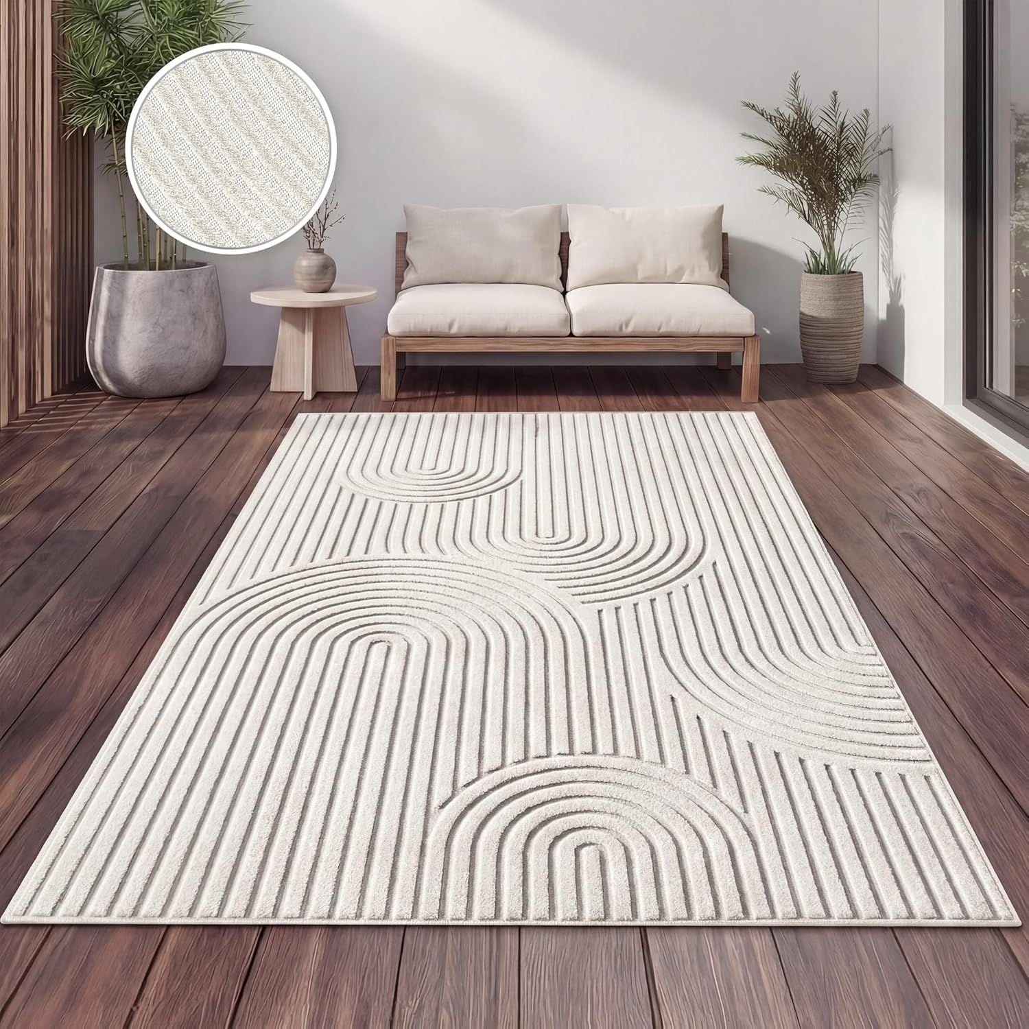 Paco Home Outdoor Teppich Wetterfest Wohnzimmer Küchenteppich Balkon Boho Skandi Design Regenbogen Muster Einfarbig Geometrisch beige Creme, Grösse:200x290 cm Bild 1