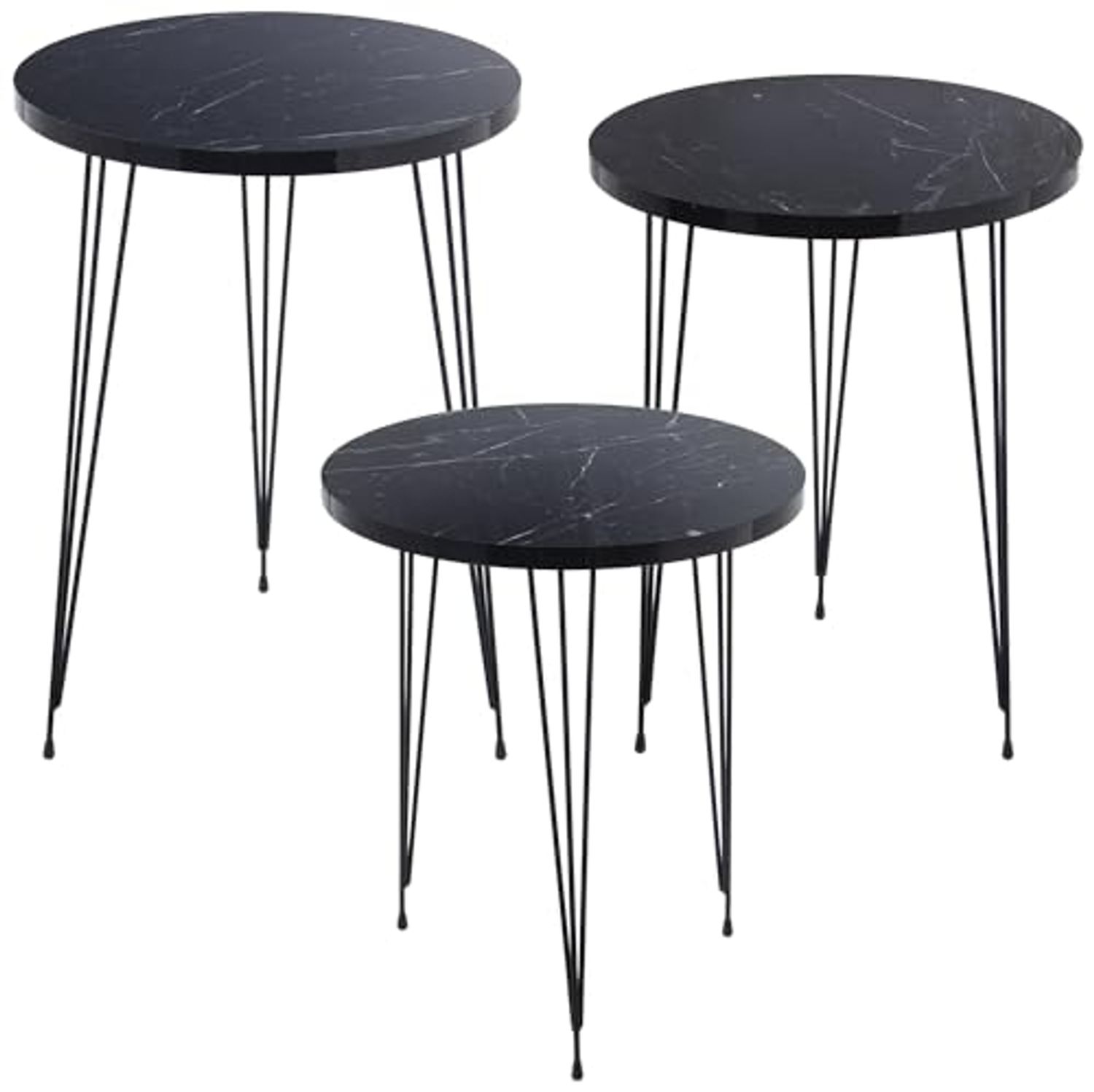 DRW Set mit 3 Beistelltischen aus Holz und Metall in Schwarz mit Marmor-Effekt, 38x53 cm, 38x49 und 38x45 cm, 38x53, 38x49 y 38x45 cm Bild 1