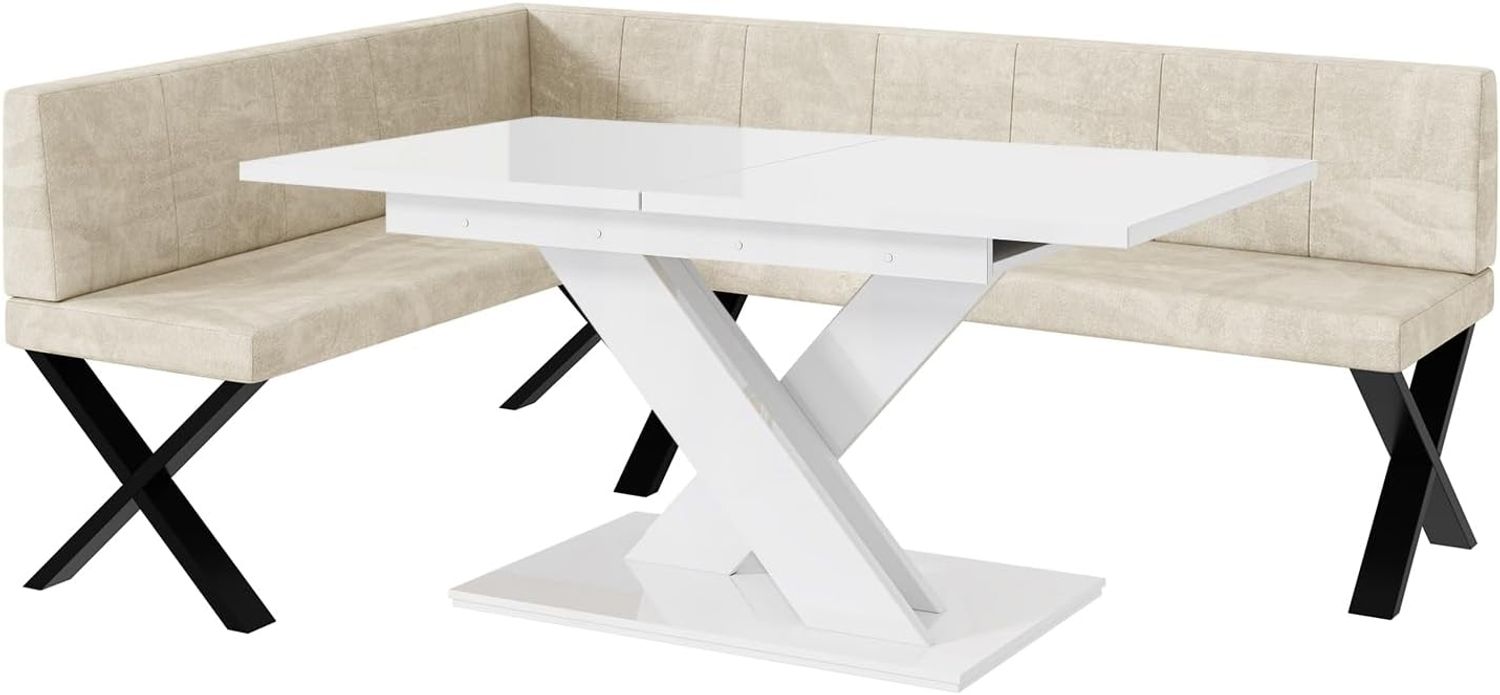 MEBLINI Eckbank für Esszimmer mit ausziehbarem Tisch - Küchenbank - Essecke - Sitzecke Küche - PETER - X-Beine 142x196x87cm Links - Creme Samt/B Weiß Hochgl. Bild 1
