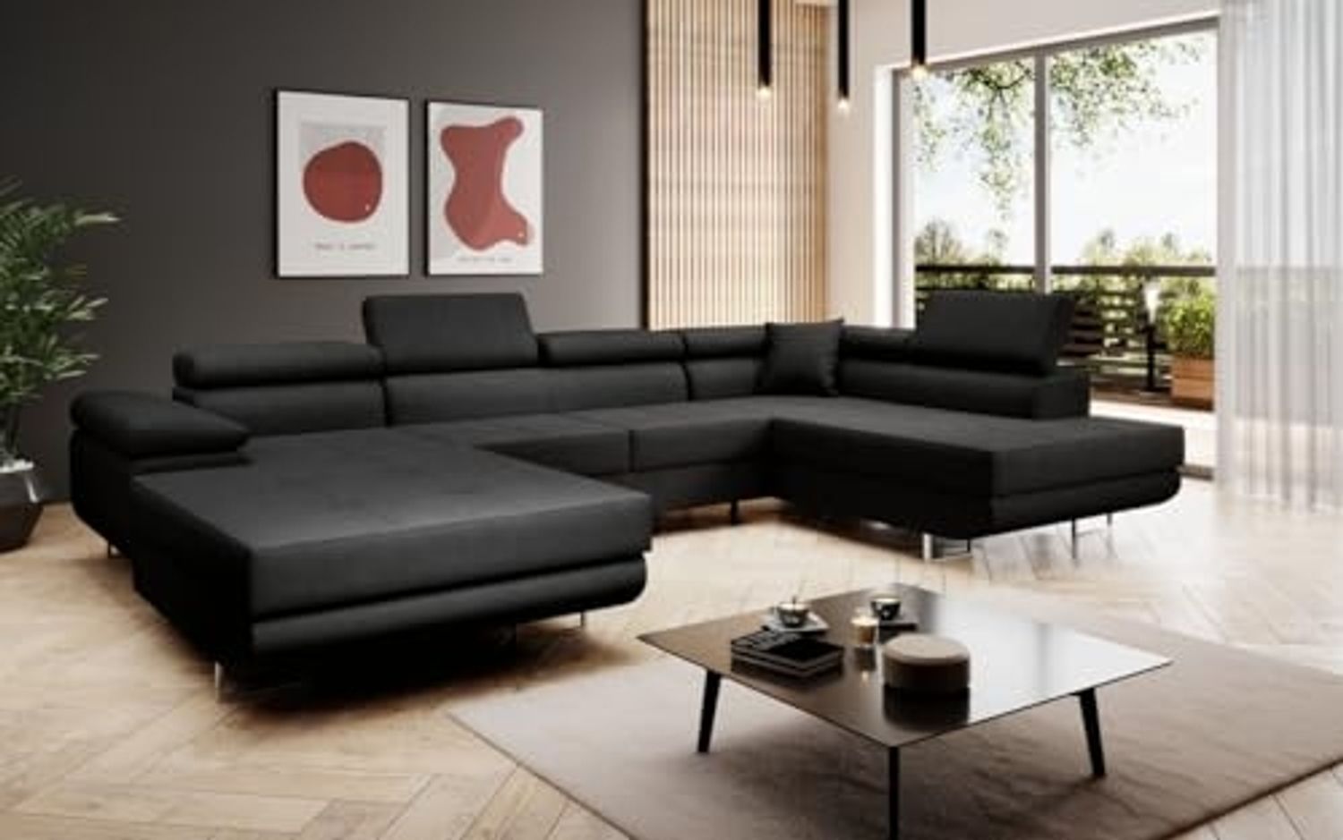 Designer Sofa Matera mit Schlaf - und Klappfunktion (Stoff) Schwarz Bild 1