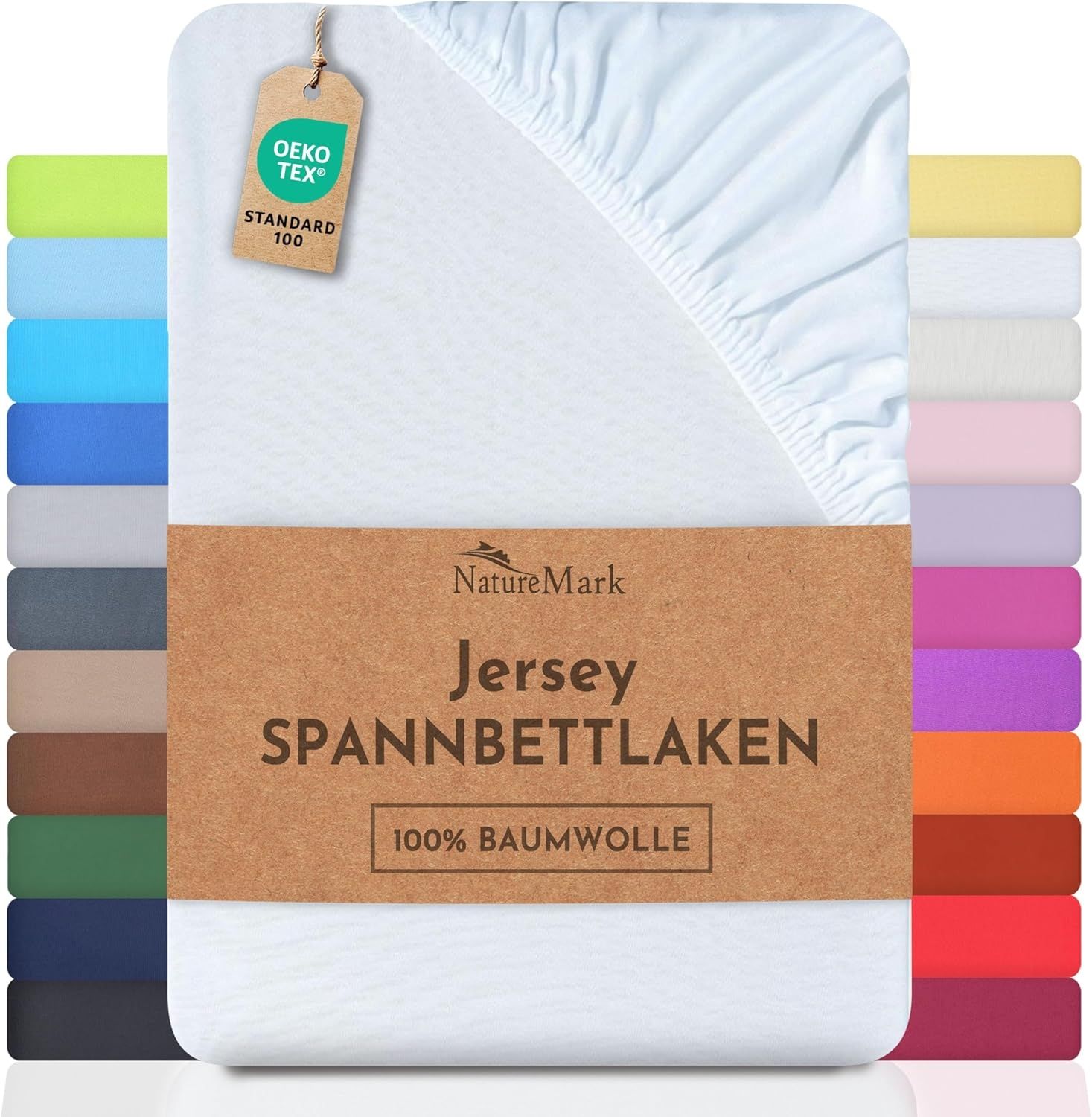 NatureMark Jersey Spannbettlaken, Spannbetttuch 100% Baumwolle in vielen Größen und Farben MARKENQUALITÄT ÖKOTEX Standard 100 | 200x220 cm +40 Steg - weiß Bild 1