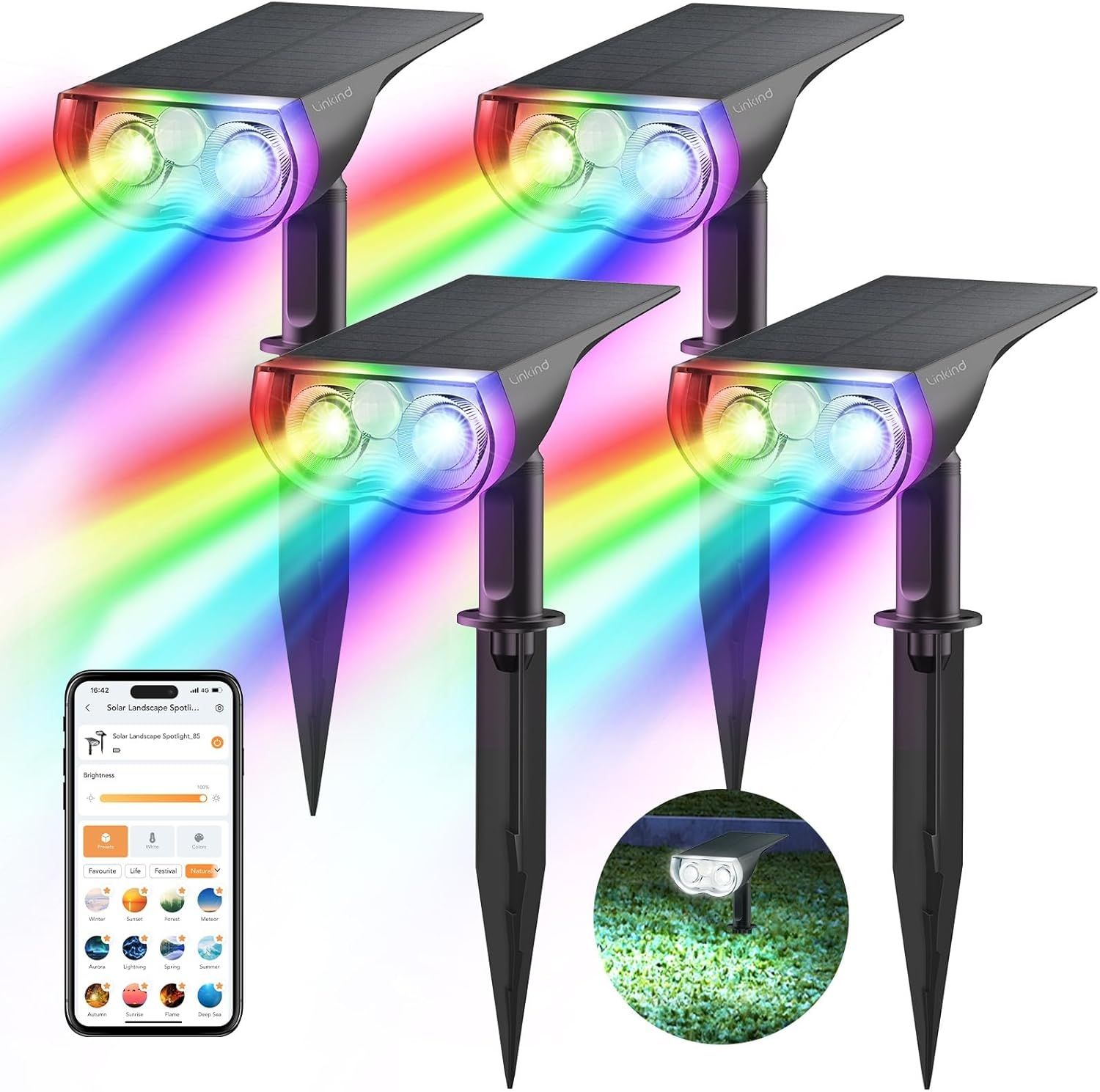 Linkind Intelligenter Bunt Solarstrahler für Außen Garten, 16Mio. Farbe RGBW Gartenleuchte mit Bewegungsmelder, Gruppensteuerbar, Musiksync, Rotlichtalarm, IP65 RGBTW Smart Solar Baumstrahler, 4 Stück Bild 1