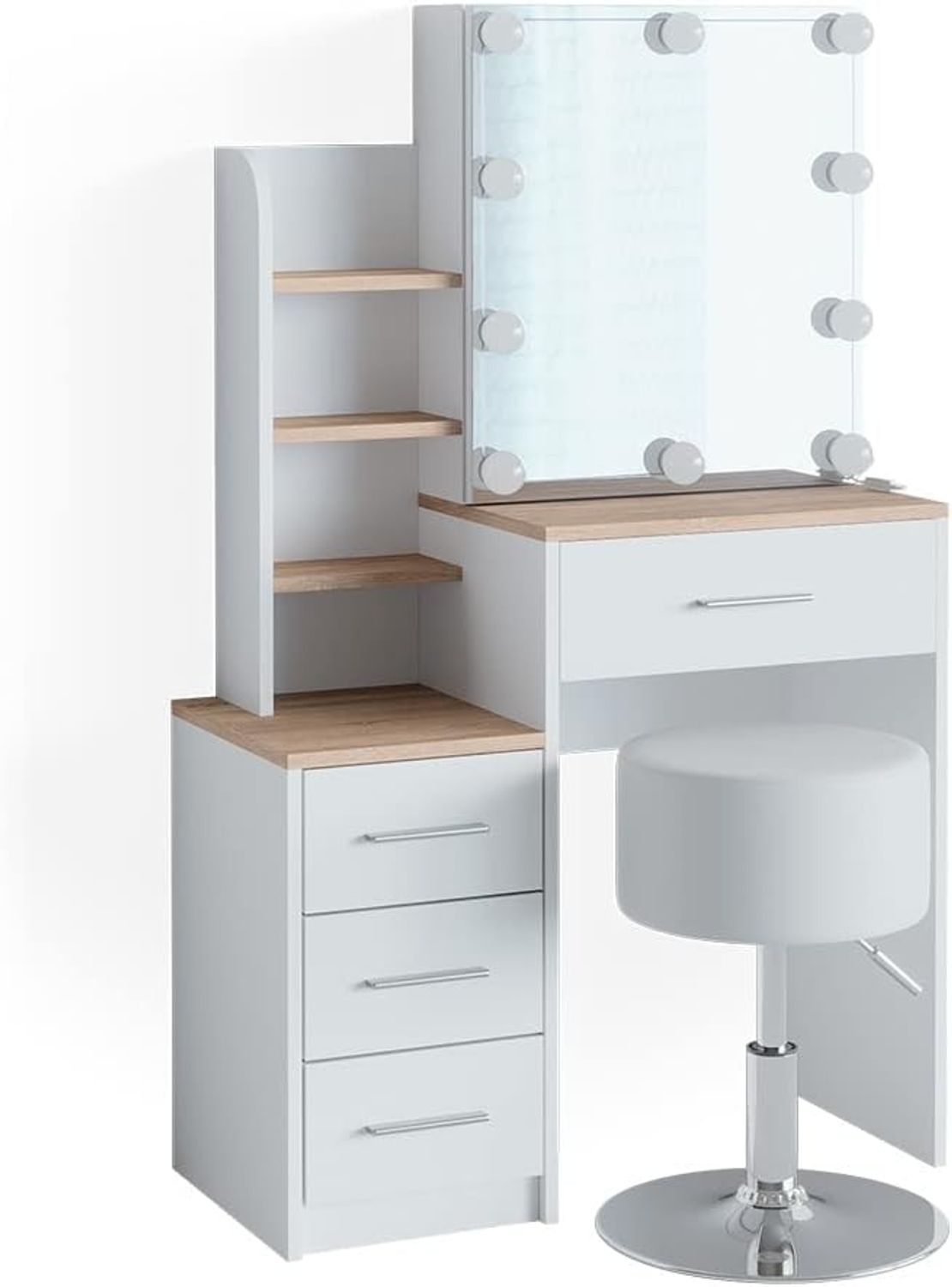 Schminktisch Conrada Weiß/Sonoma 36 cm mit LED Beleuchtung und Hocker Vicco Bild 1