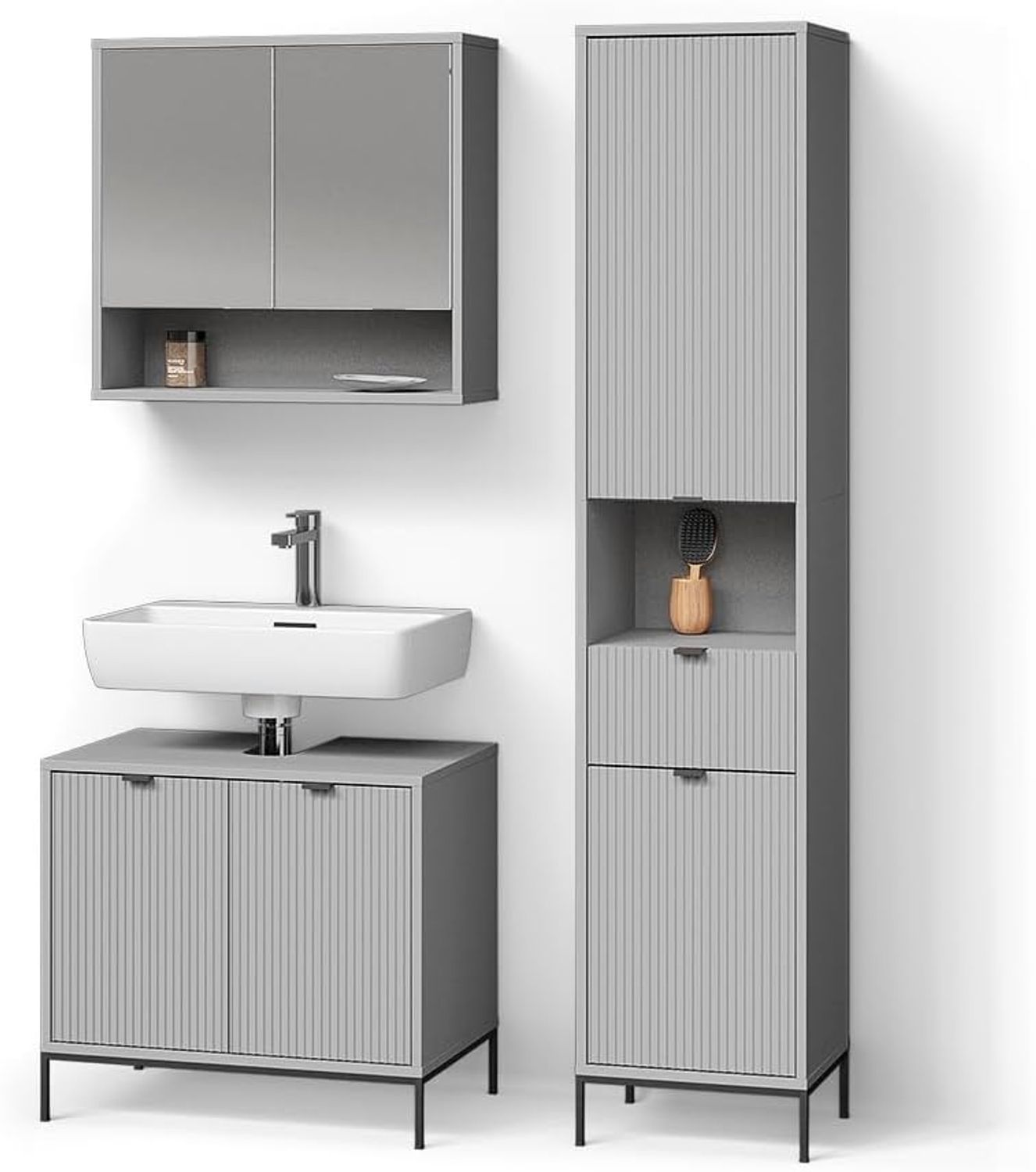 Livinity® Badmöbel-Set ATERNO, Grau, 3 Teile, mit Hochschrank Bild 1