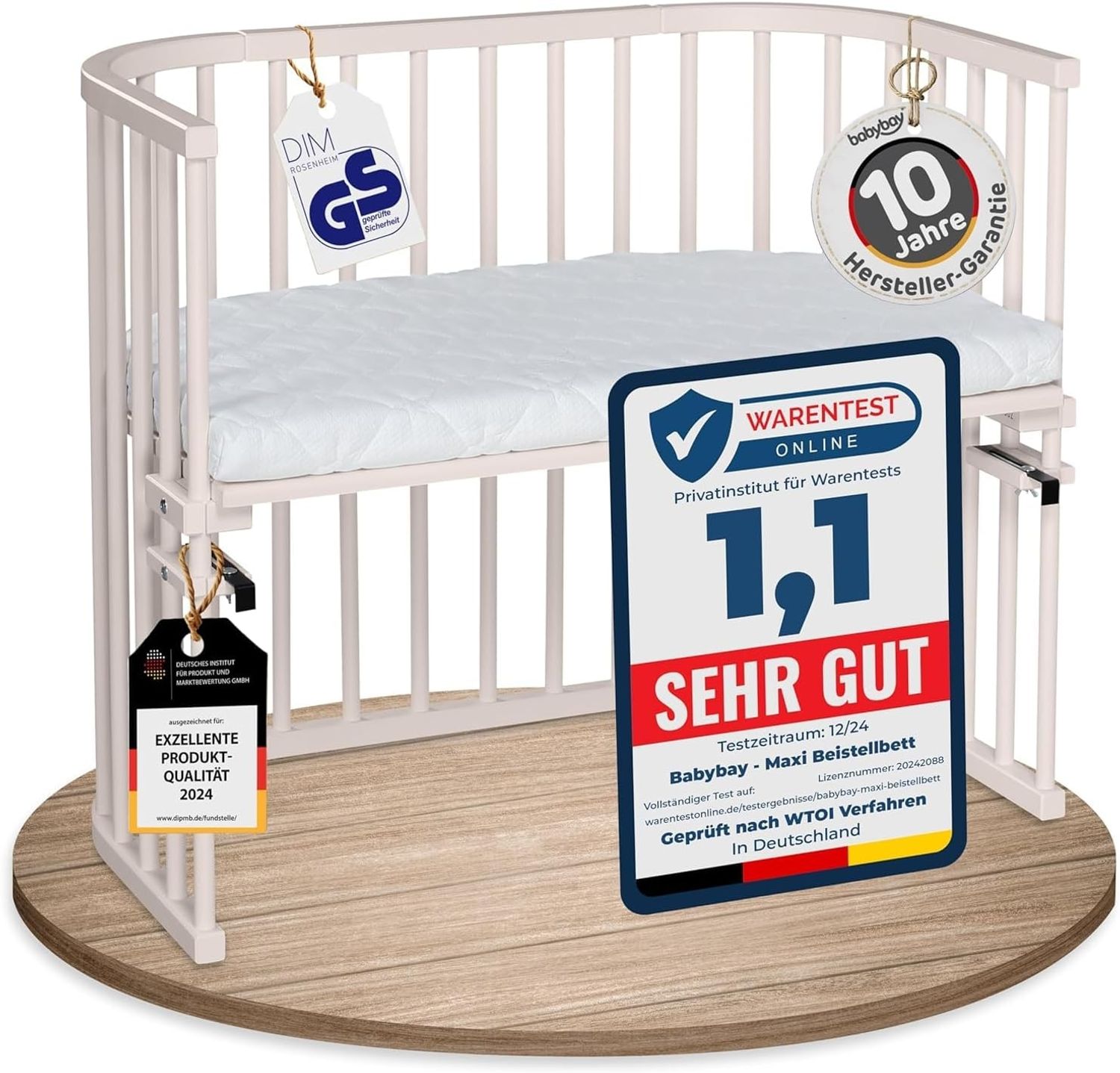 babybay Maxi extra großes Beistellbett aus massivem Buchenholz/Kinderbett Höhe stufenlos verstellbar & umweltfreundlich/mit Matratze Classic Soft (beige lackiert) Bild 1