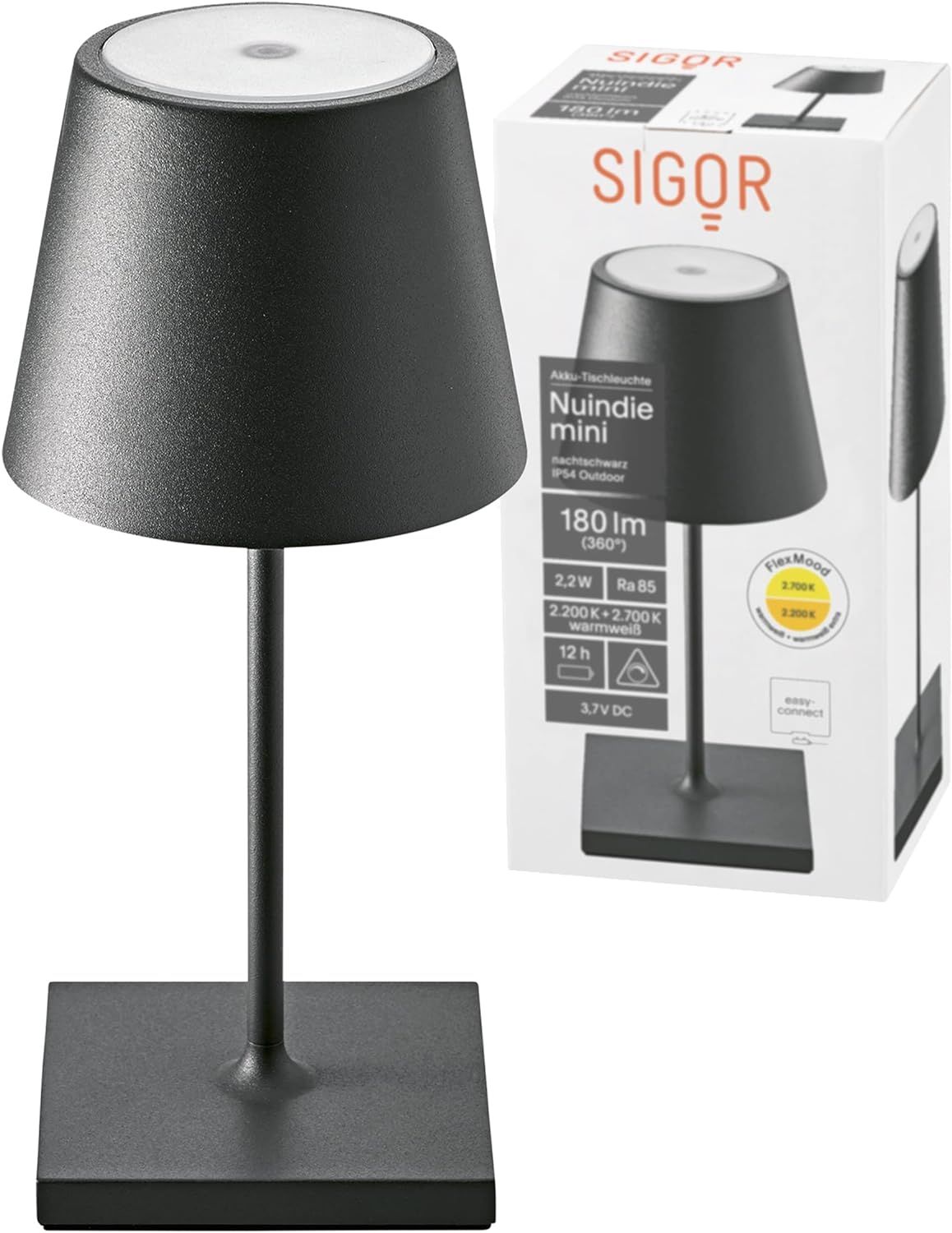 Sigor NUINDIE 250mm Akku-Tischleuchte nachtschwarz rund Bild 1