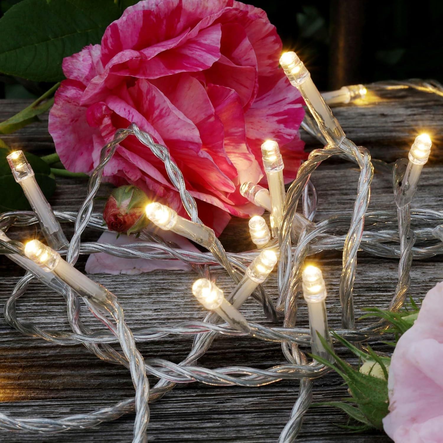 hellum LED Lichterkette Außen und Innen,120 Warmweiße LEDs mit Timer, 11,9m beleuchtet + 5m Zuleitung, Lichterkette Strombetrieben, Transparentes Kabel, Weihanchstbaum Weihanchtsdeko Bild 1