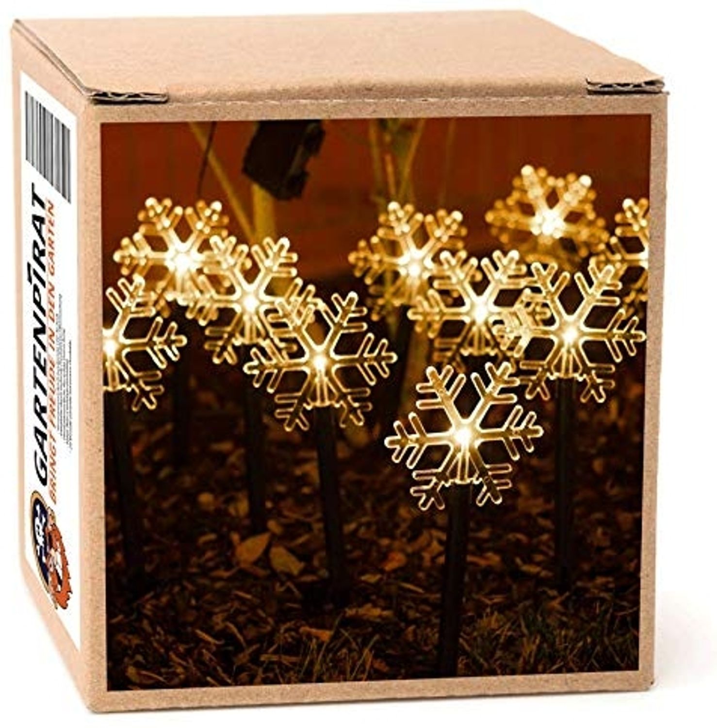 Gartenpirat Gartenleuchte LED Leuchtstäbe Schneeflocke warmweiß 10 Erdspieße Batteriebox Timer, LED fest integriert, Warmweiß, Batteriebox, Timerfunktion Bild 1