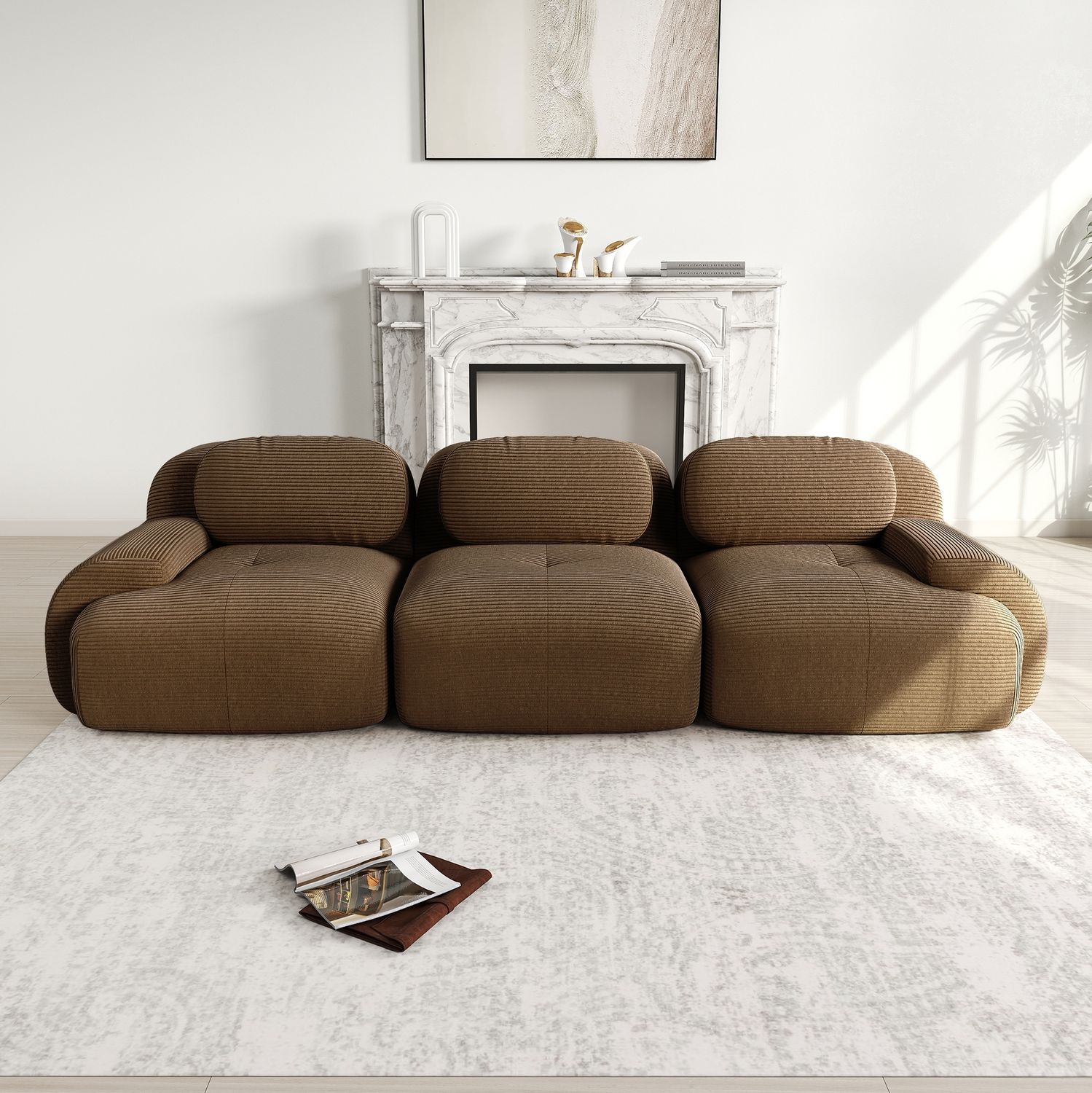 3-Sitzer Ecksofa H 75 x T 298 x B 103 cm aus Cordstoff, modular kombinierbar, rahmenlos in Braun Bild 1