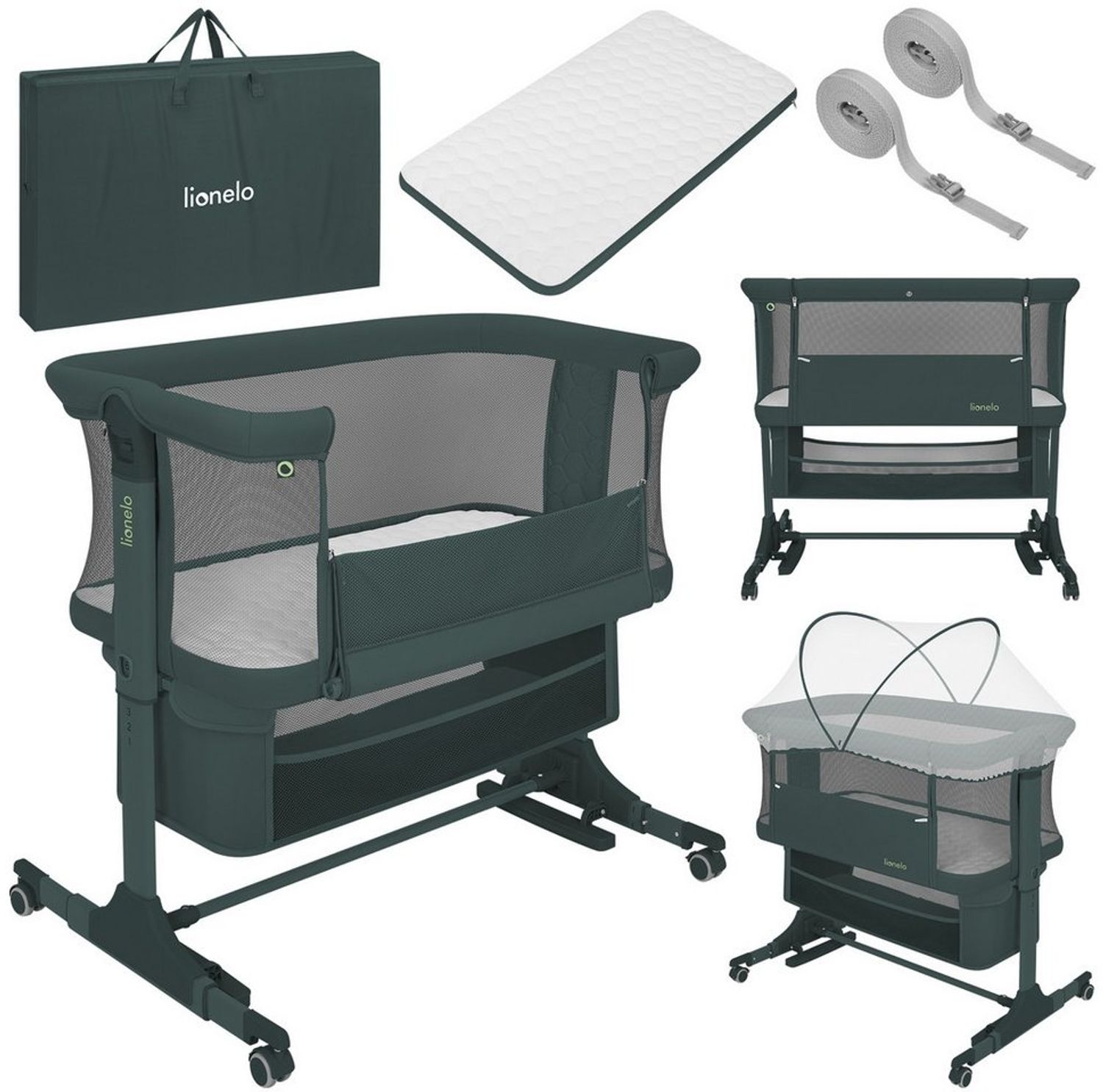 lionelo Baby-Reisebett JODIE, 3in1 Beistell/freistehend/Wiege/6 Stufen/Netzseiten/4 Rollen Bild 1