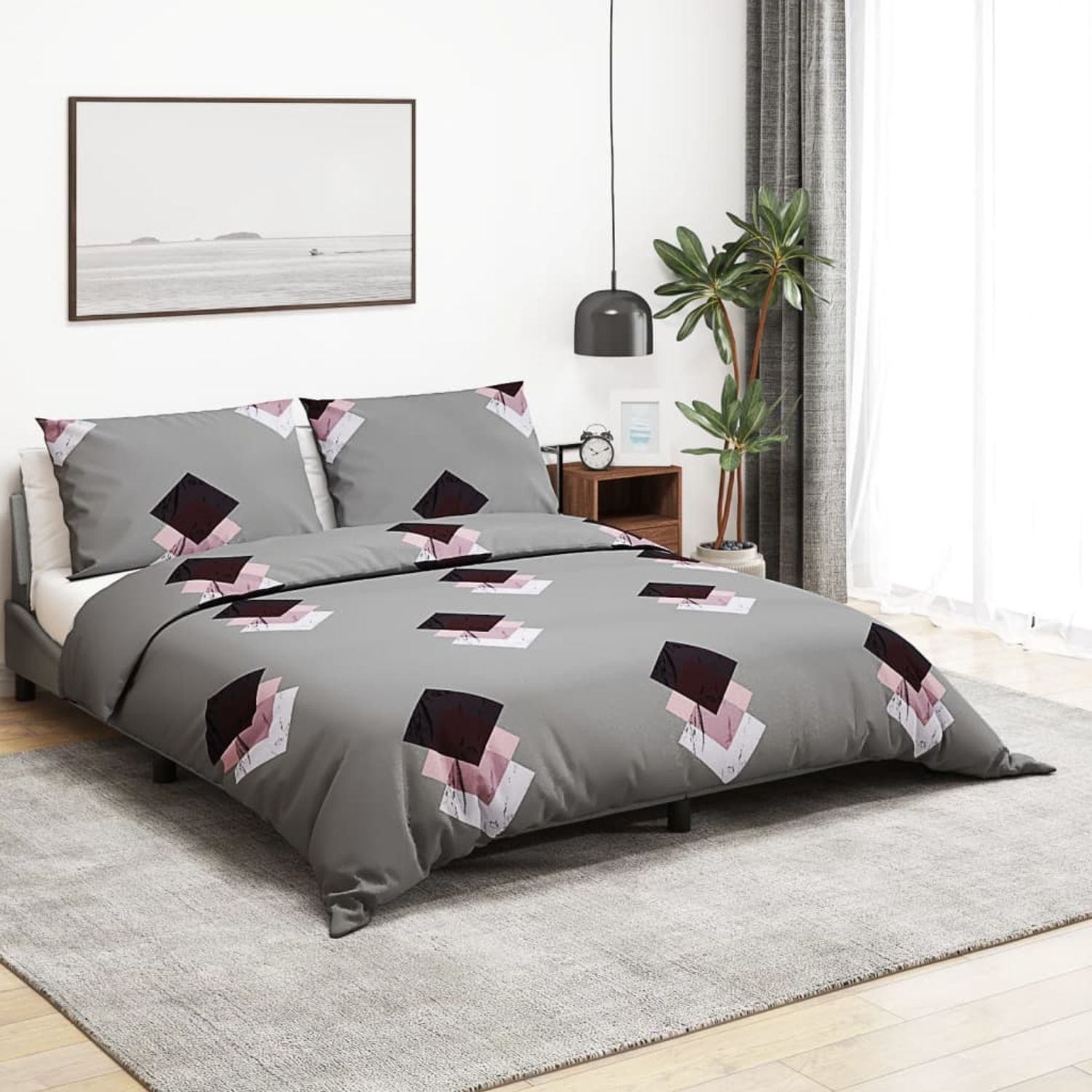 vidaXL Bettwäsche-Set, Baumwolle grau / rosa, 240x220 cm Bild 1