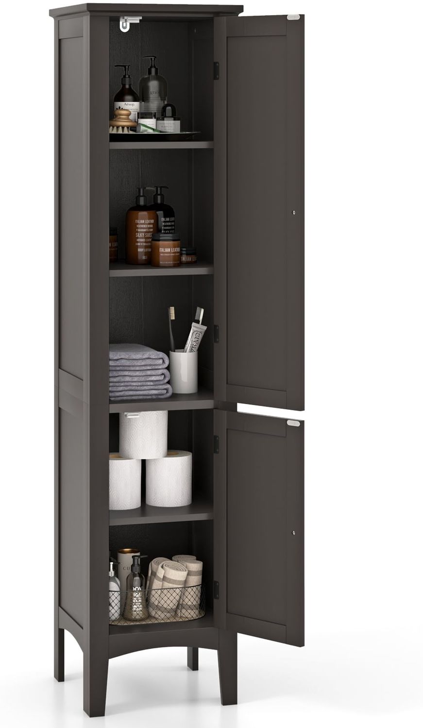 Badezimmerschrank mit 5 Fächern & 2 Lamellentür & Regalen & Kippsicherung Schmaler Hochschrank Braun Bild 1